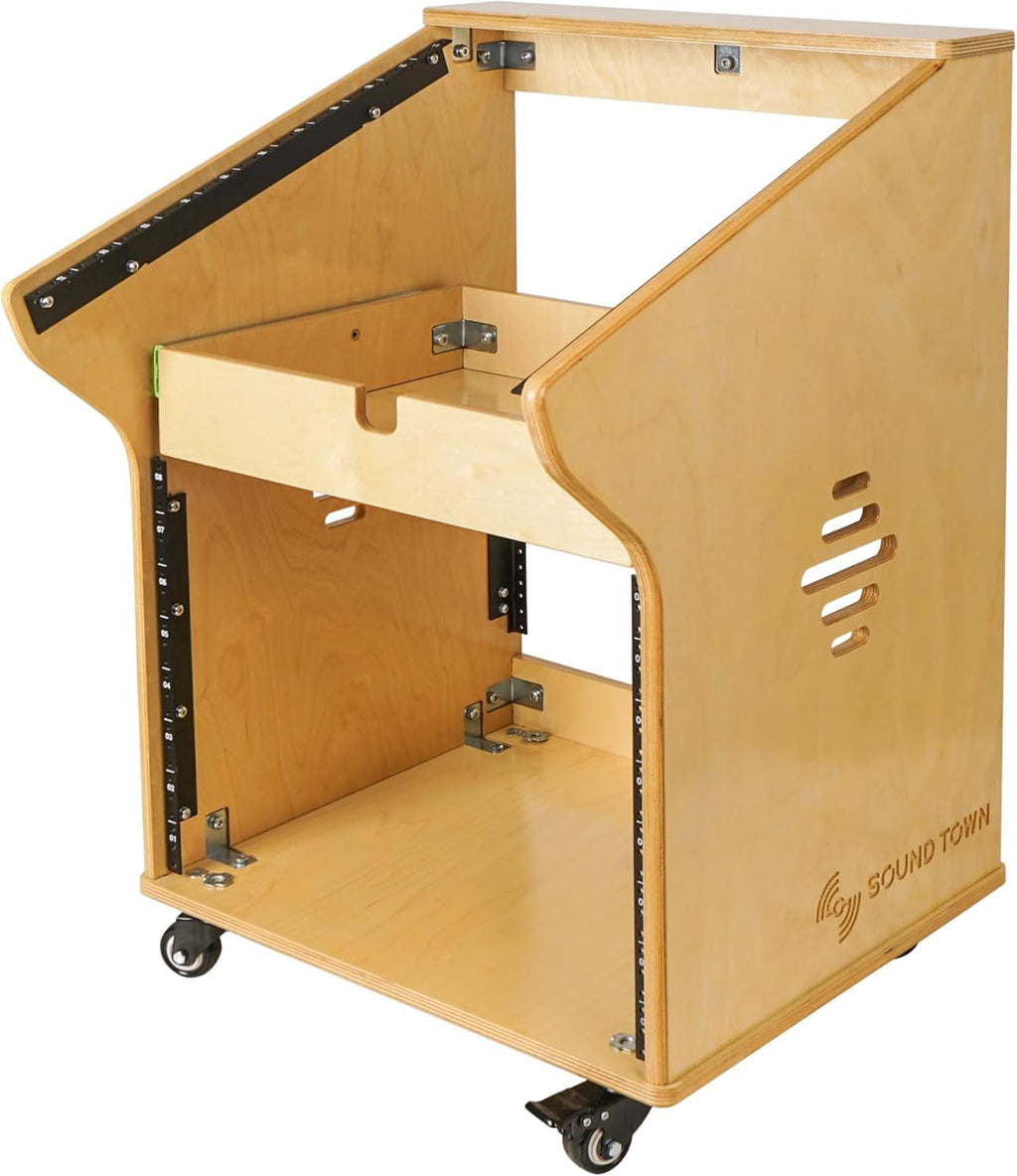 Sound Town DIY Solid Baltic Birch Plywood Studio Rack with 11U Slant Mixer Top, 8U Front, 2U Drawer, Rubber Feet, Casters, Golden Oak (SDRK-M11X8)
