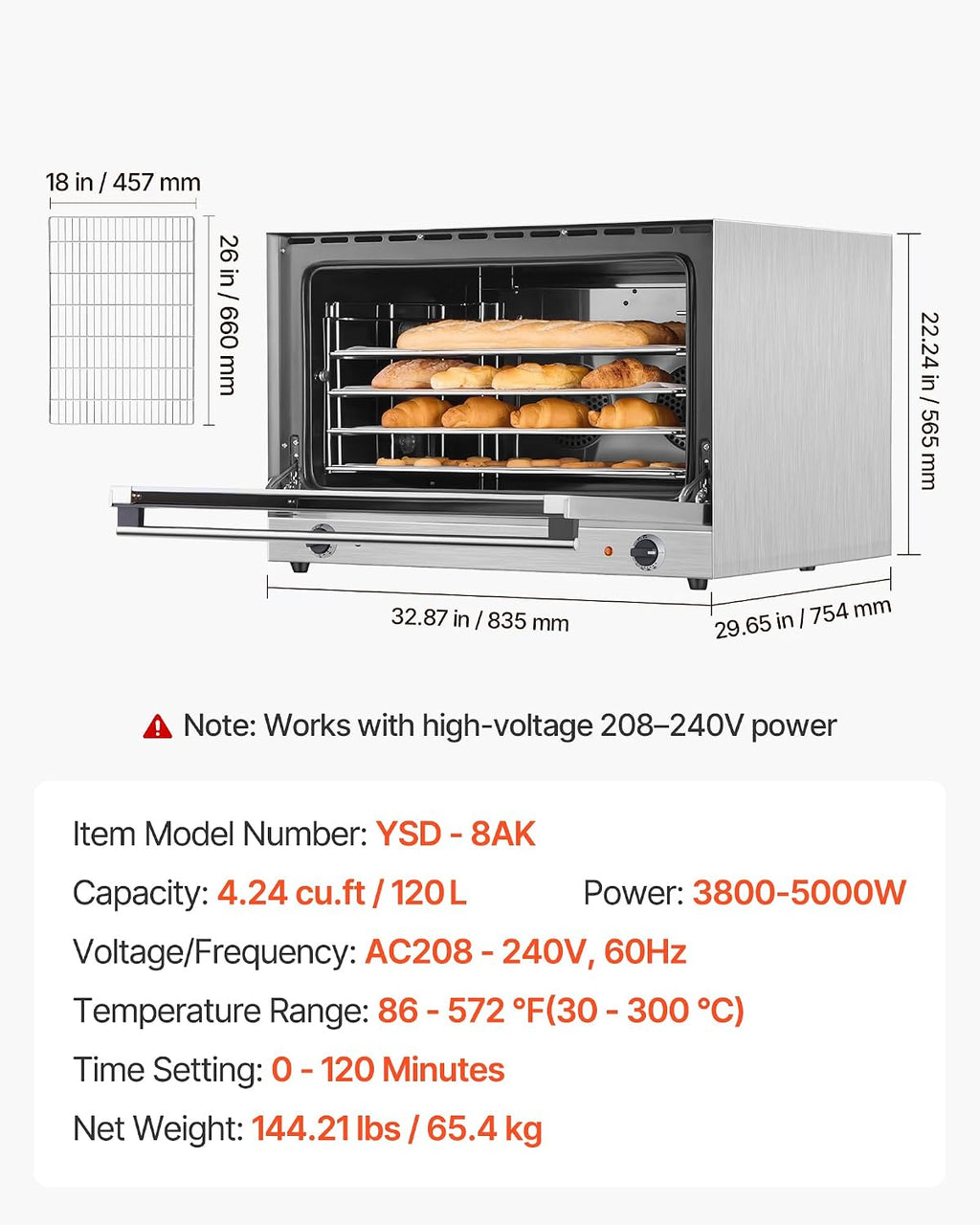 VEVOR Commercial Convection Oven, 4.24 cu.ft Countertop Oven for Full-Size Pans, Electric Convection Ovens with 4 Racks, 360° Hot Air Circulation, for Bakery, Restaurant & Pizza Shop (208-240V 5000W)