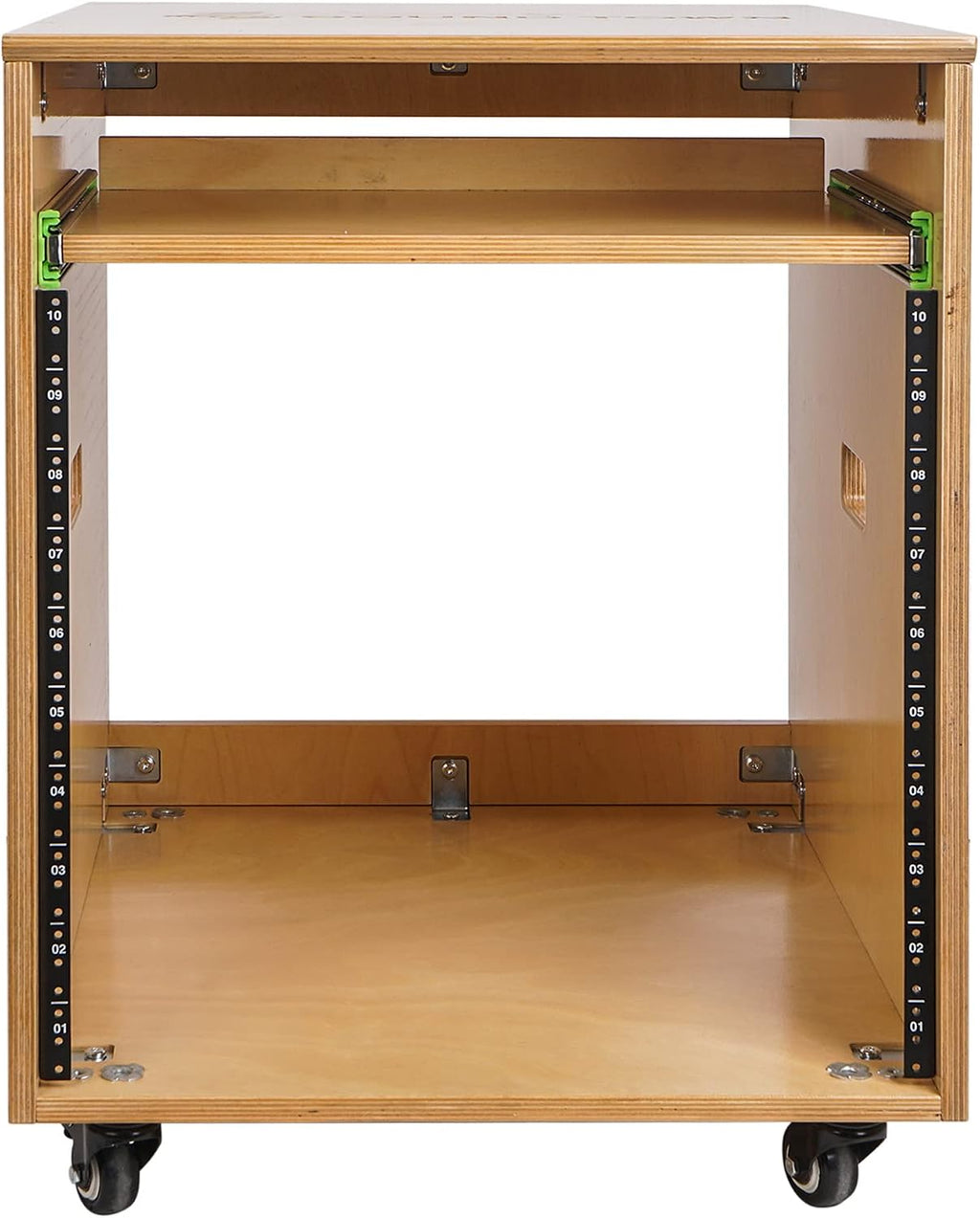 Sound Town 10U Solid Baltic Birch Plywood Studio Rack Desk with Slide-Out Tray, Rubber Feet, Casters, for Recording, Podcasts, Broadcasts, Streaming, Golden Oak (SDRK-ST10)