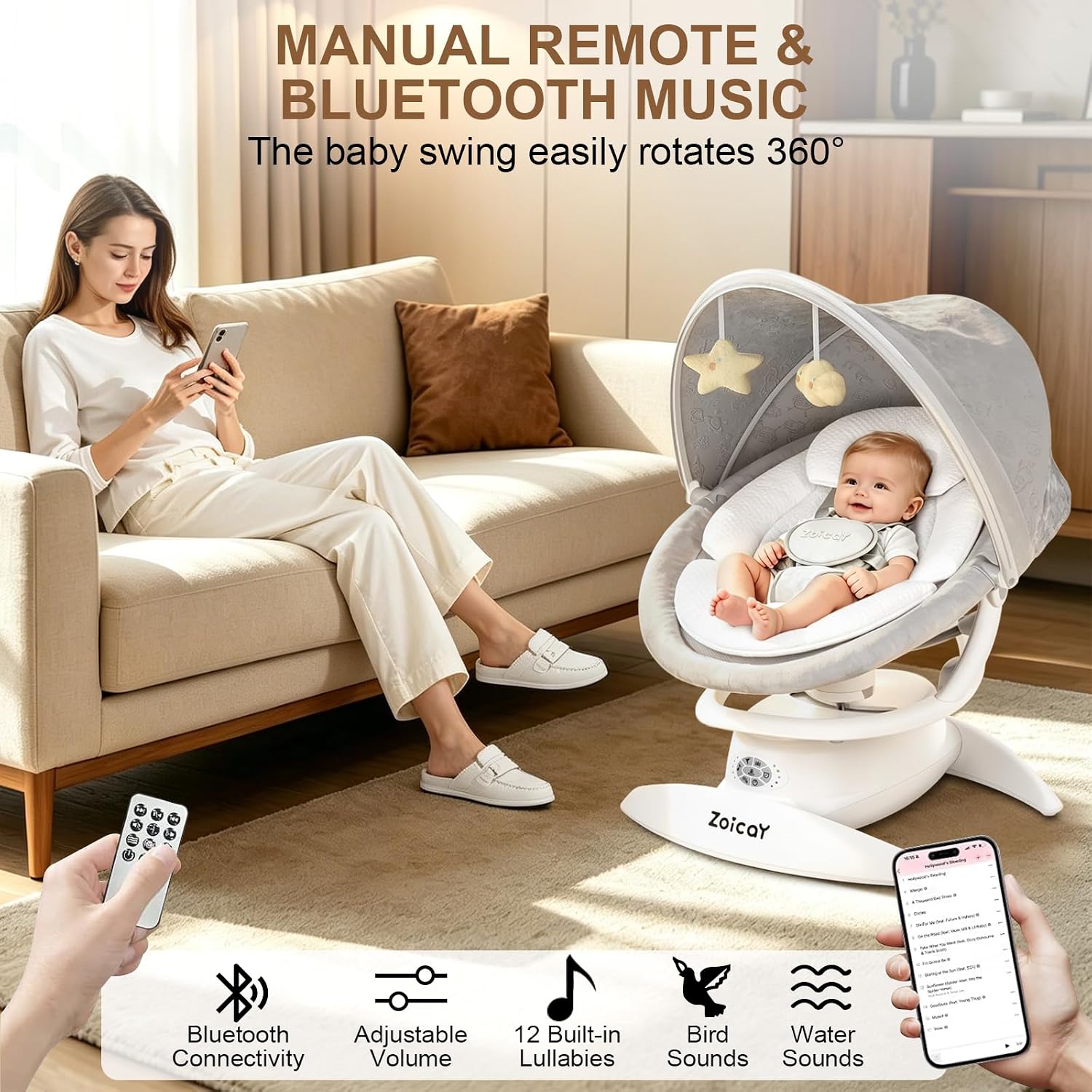 3-in-1 Baby Swing for Infants with Motion Detection, Infant Swing with 5 Speeds & 3 Swing Modes, 12 Melodies, Electric Swing for Baby, Up to 25 lbs, White