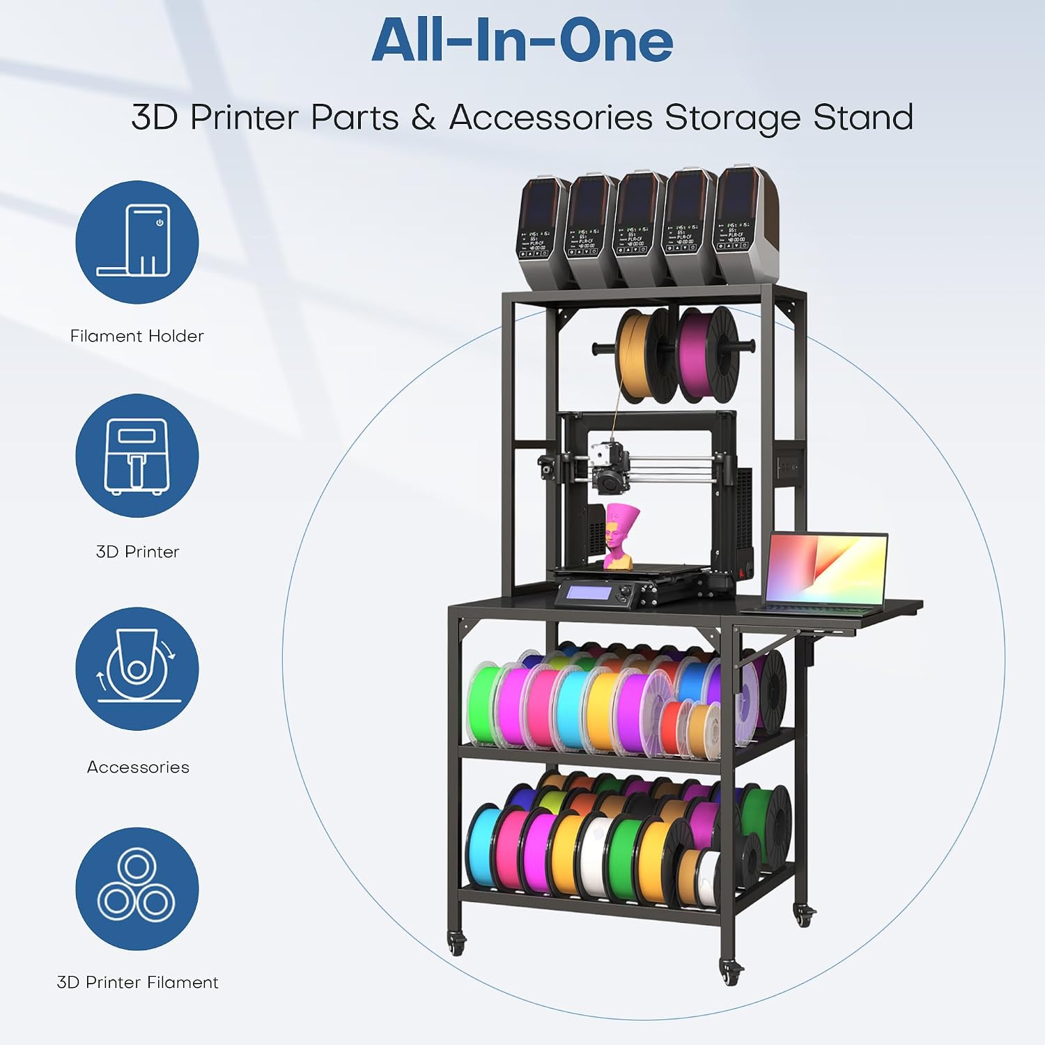 3D Printer Stand with Filaments Storage, 3D Printer Table Filament Storage Rack with Power Outlets Heavy Duty Printer Cart Desk for Workshop Studio Office