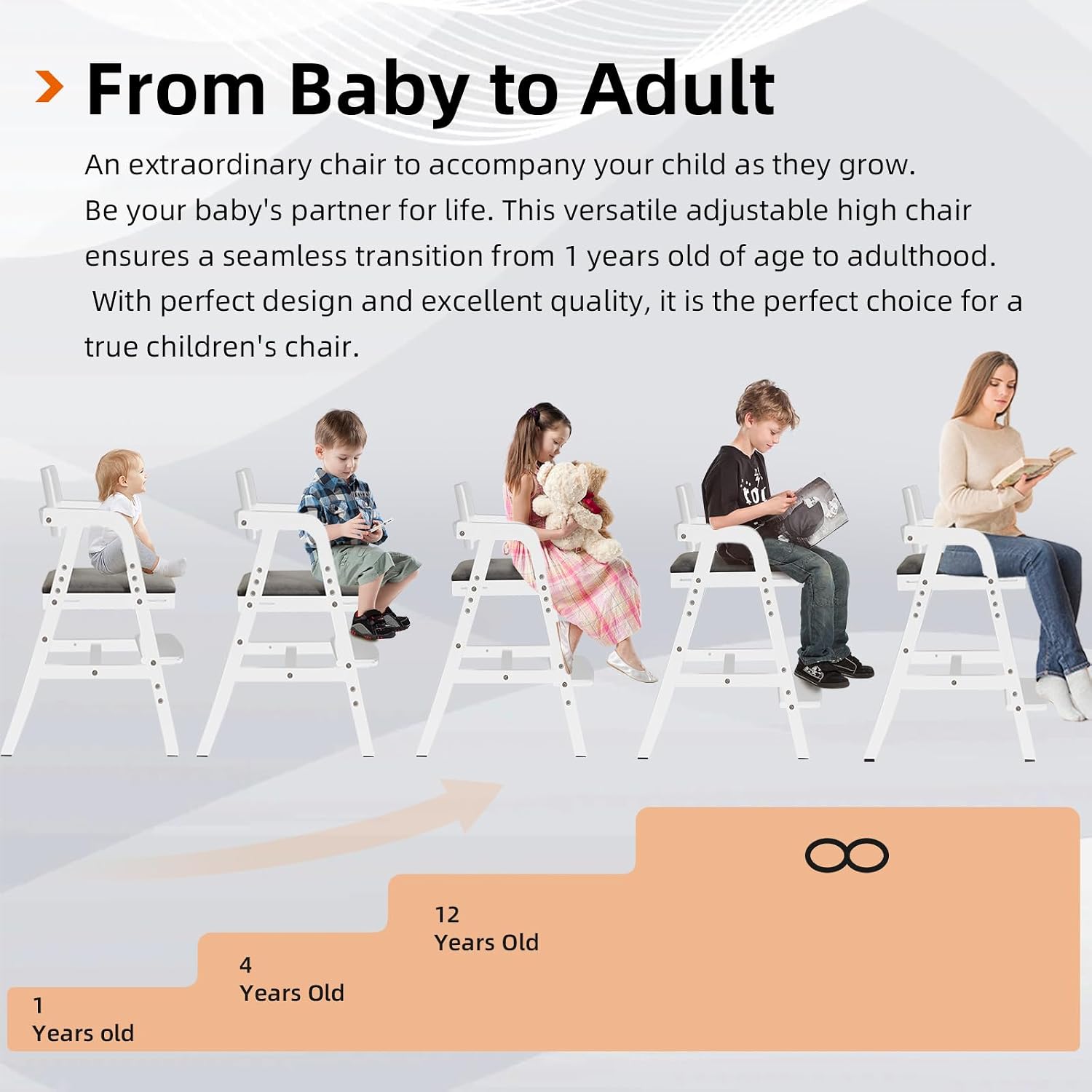 Wooden High Chair for Toddlers & Baby, Adjustable Dining Feeding Chair Grows with Kid, Convertible High Chair for Babies, Wipe Clean Skin-Friendly Cushion, for Home & Restaurant - White