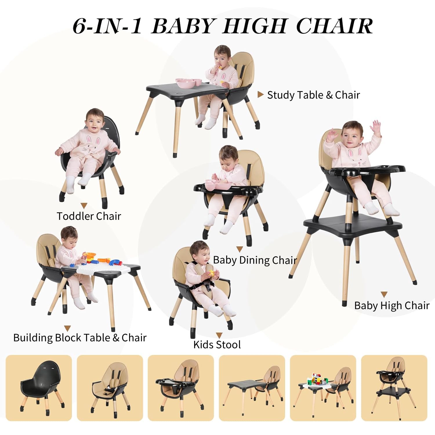 6 in 1 High Chair for Babies & Toddlers, Convertible Wooden Baby Highchair, Table and Chair Set, Baby Feeding Chair, 5-Point Adjustable Harness/4-Position Removable Tray& PU Seat Cushion (Black)