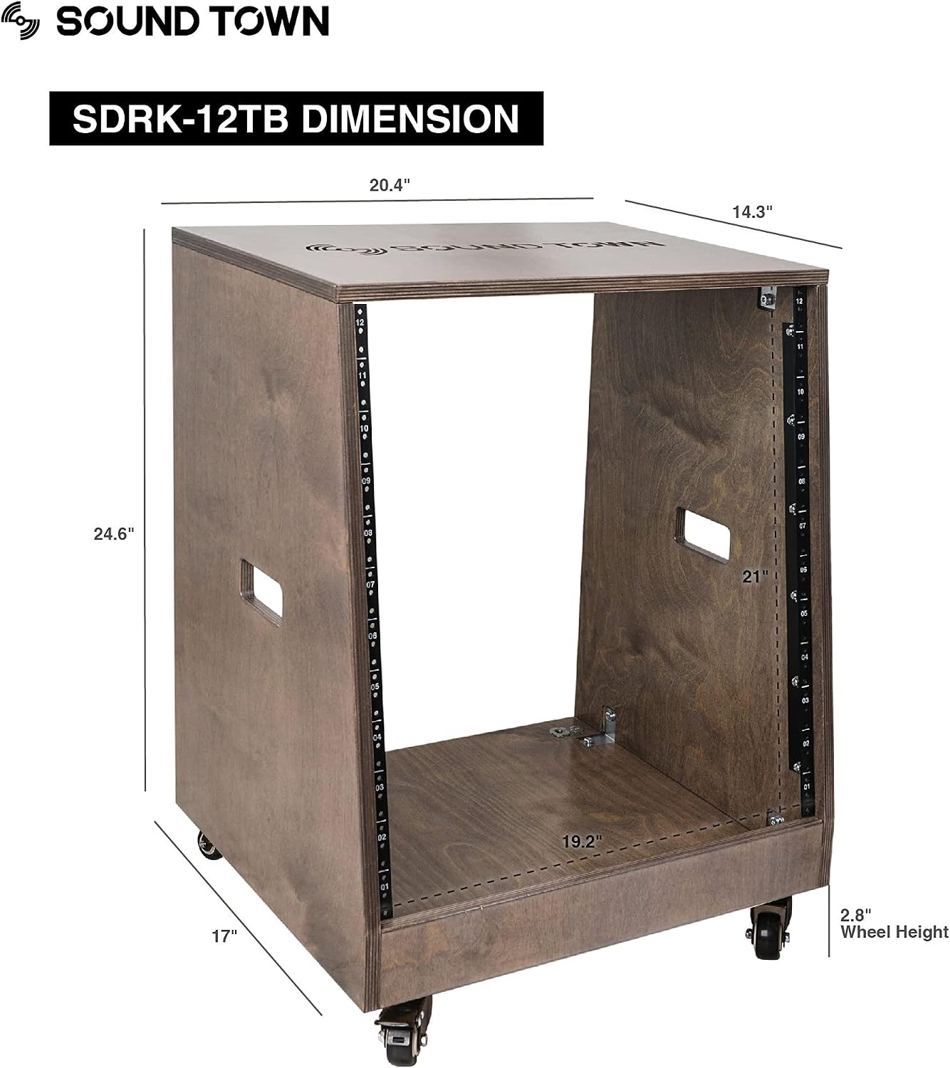 Sound Town DIY Solid Baltic Birch Plywood Slanted 12U Studio Rack, Weathered Brown, Rubber Feet, Casters (SDRK-12TB)
