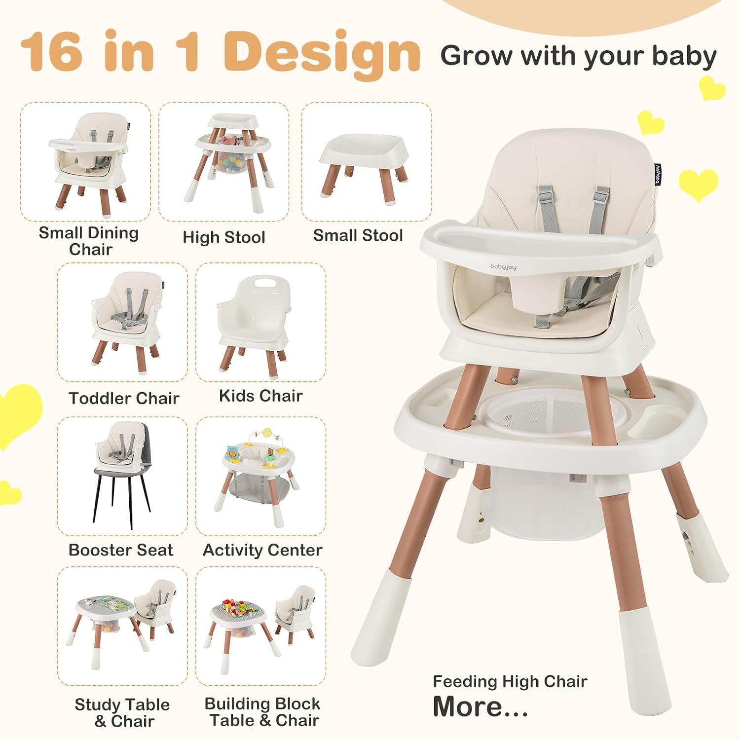 BABY JOY 16 in 1 High Chair, Convertible Baby Highchair for Babies and Toddlers with Activity Center, Booster Seat, Building Block Table, Toddler Chair with Safety Harness, Removable Tray (White)