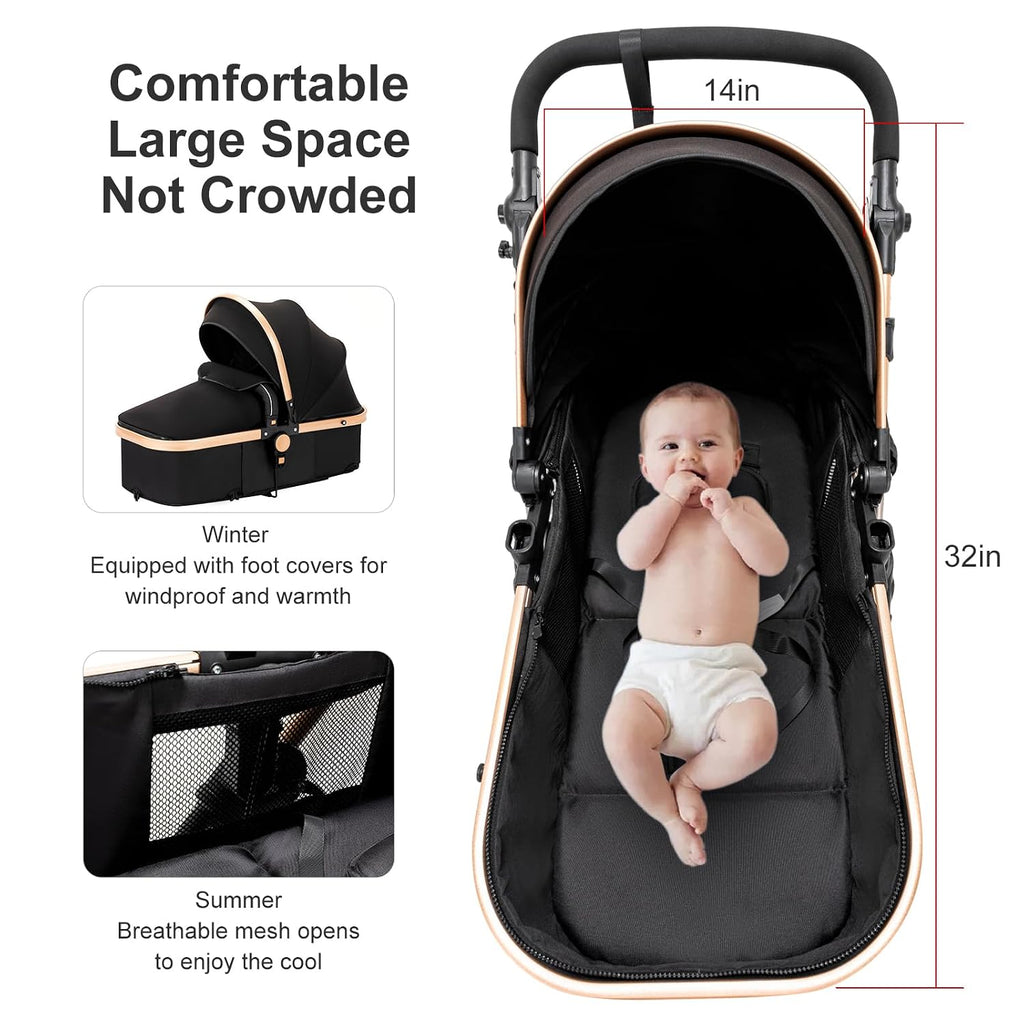 2 in 1 Baby Stroller, One Click Folding Convertible Newborn Infant parm, Reclining Buggy That can be Pushed Forward and Backward, New Born Pushchair 0-36 Month (2US588-BLACK)