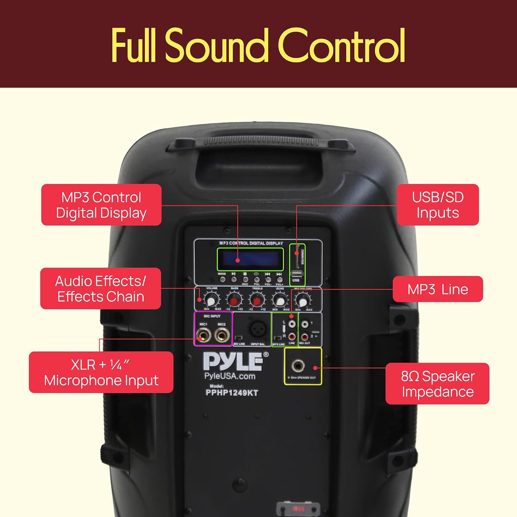 Wireless Portable PA Speaker System - 1800W High Powered Bluetooth Compatible Active + Passive Pair Outdoor Sound Speakers w/ USB SD MP3 AUX - 35mm Mount, 2 Stand, Microphone, Remote - Pyle PPHP1249KT