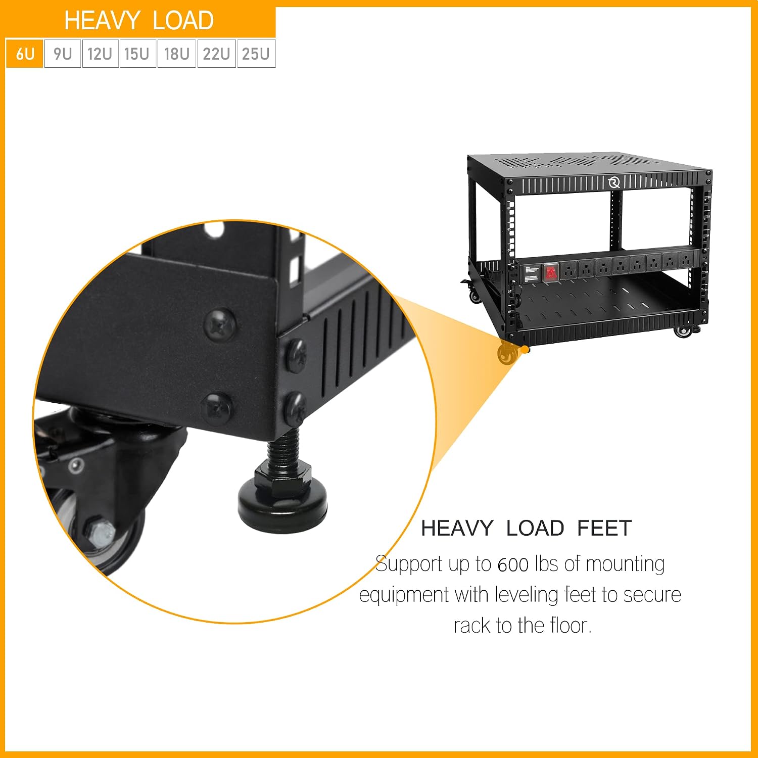 RIVECO 6U Network Rack with Reinforced Top & Bottom Vented Plates- 4 Rolling Wheels Floor Standing Rack for 19' Equipment & Stereo Gear- Including Basic Rail Mount PDU Power Strip