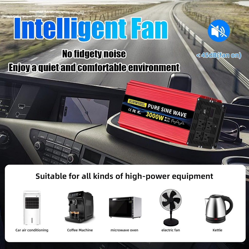 SUNWHEEL 3000W 24V Pure Sine Wave Inverter, 24V DC to 110V/120V AC Power Inverter for RV、Off Grid、Truck、Power Outage with 4 AC outlets and LCD Display