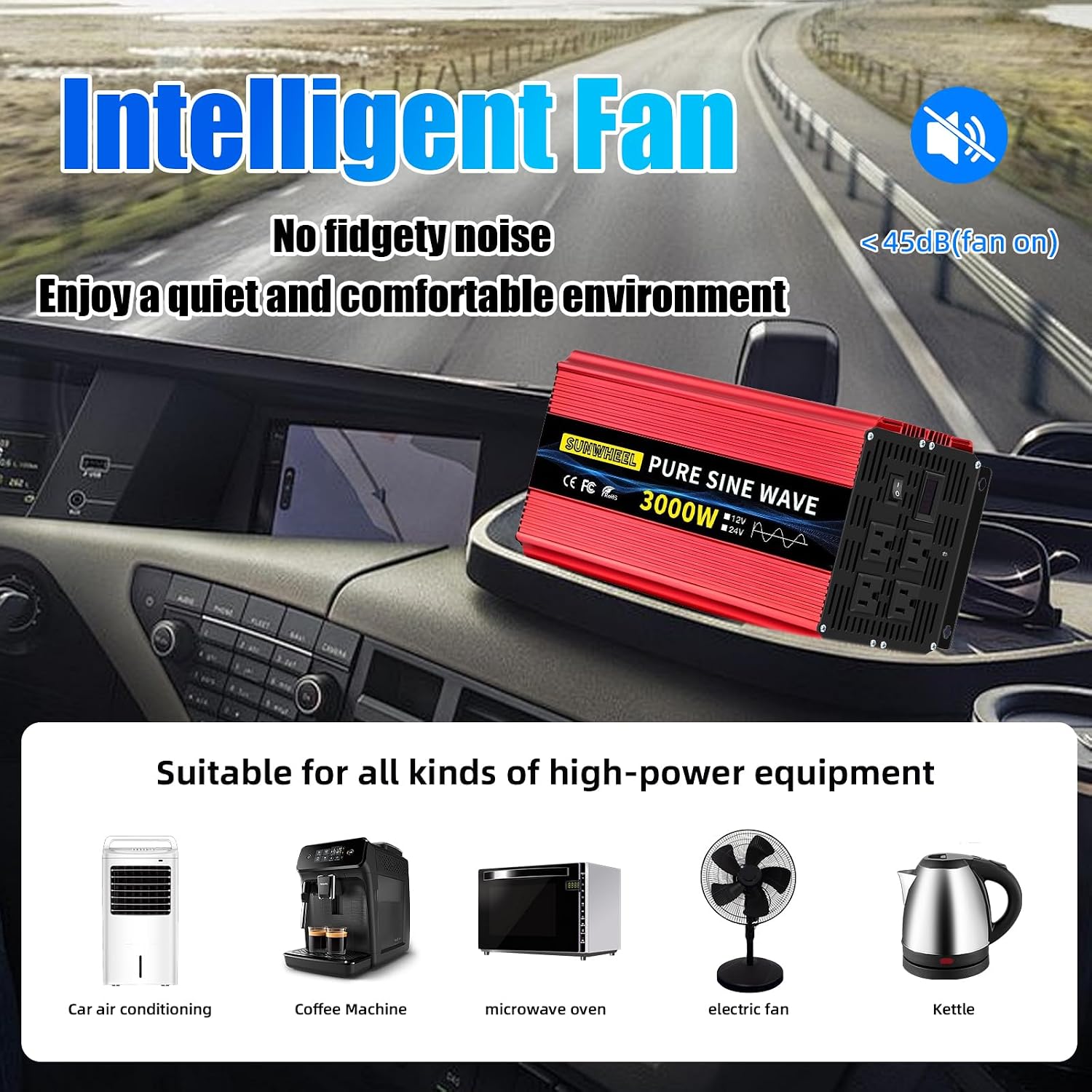 SUNWHEEL 3000W 24V Pure Sine Wave Inverter, 24V DC to 110V/120V AC Power Inverter for RV、Off Grid、Truck、Power Outage with 4 AC outlets and LCD Display