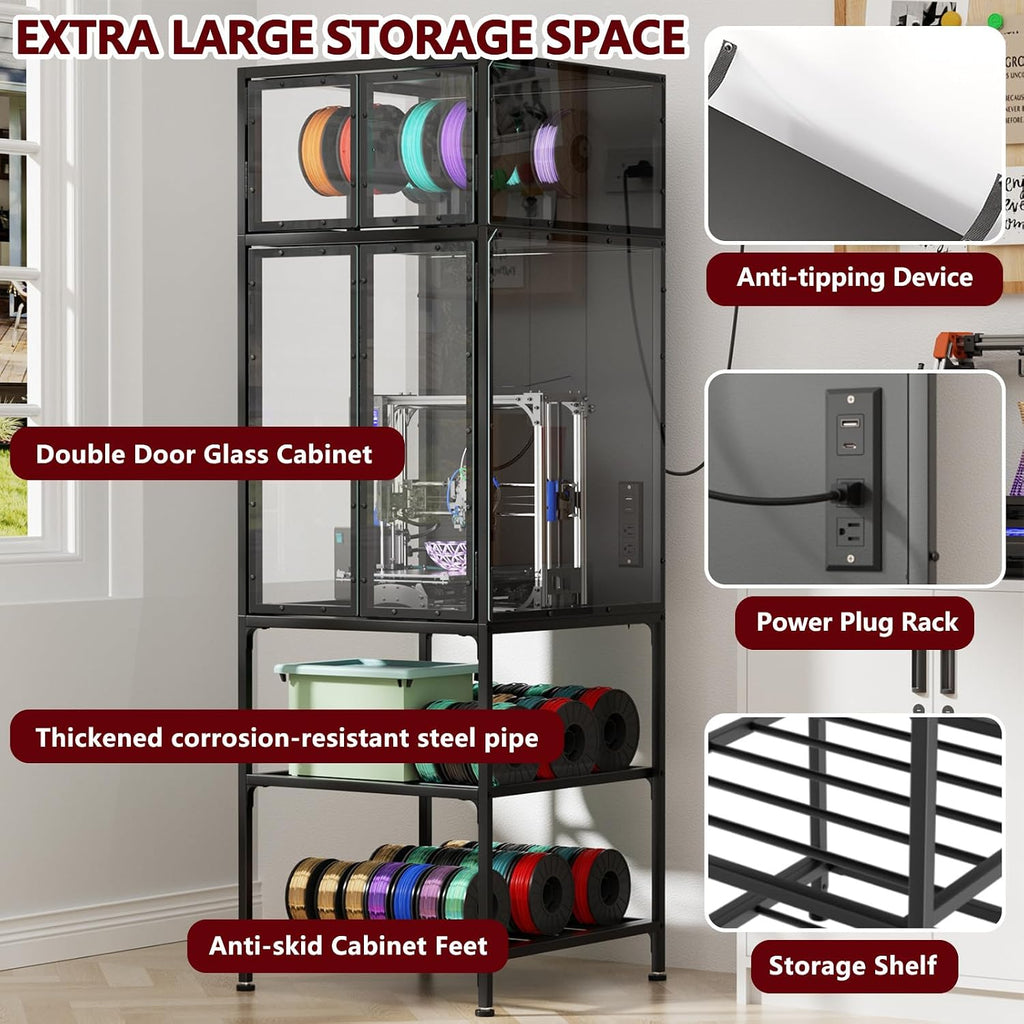 Majnesvon 3D Printer Cabinet, Double Layer 3D Printer Stand Filament Storage Rack with T Shaped Bar, Noise Reducing & Dust Proof Enclosure for Home, Studio and Office