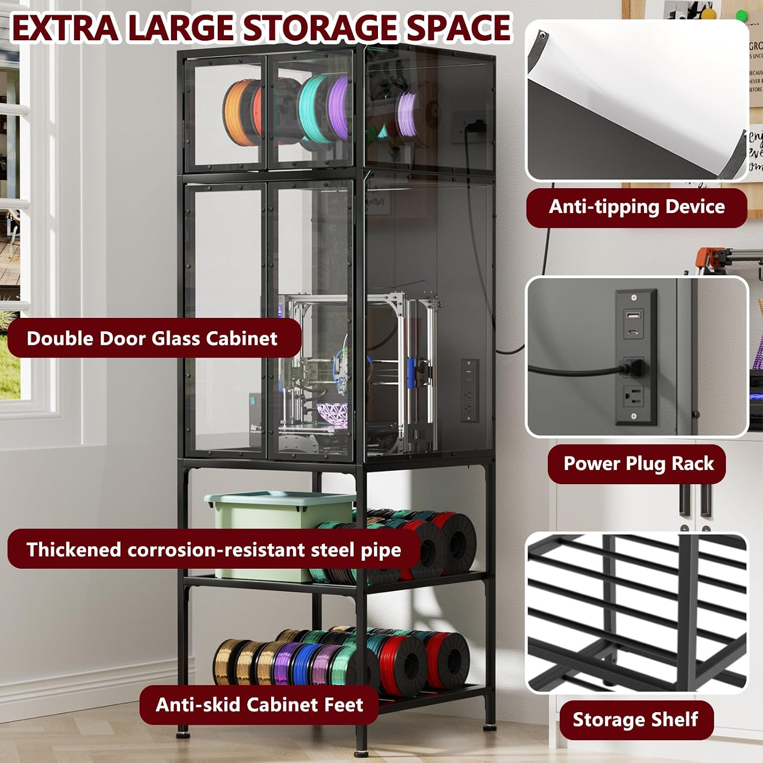 Majnesvon 3D Printer Cabinet, Double Layer 3D Printer Stand Filament Storage Rack with T Shaped Bar, Noise Reducing & Dust Proof Enclosure for Home, Studio and Office
