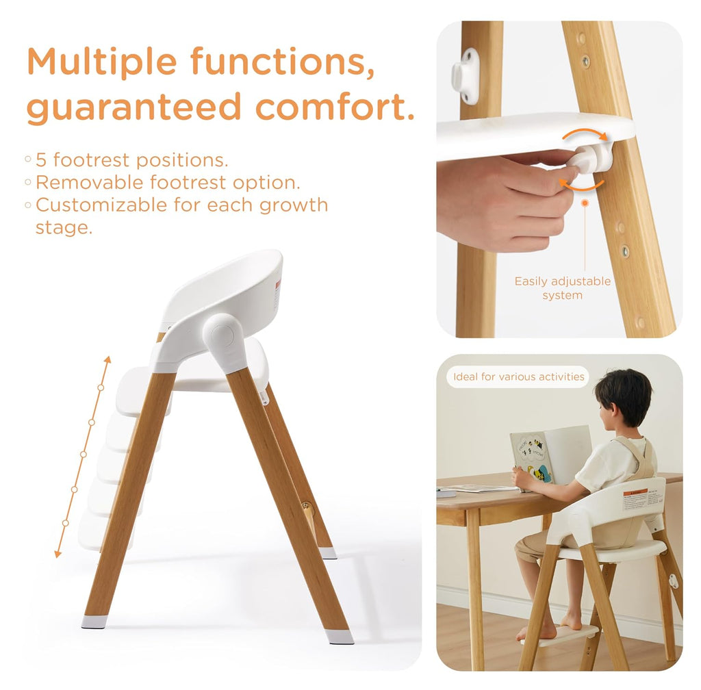 KUB High Chair for Babies and Toddlers Adjustable Foldable Convertible 5 Point Harness Easy Clean Wood-Printed Metal with Removable Tray Baby Highchair for Family (White&Natural Wood-Printed Metal)