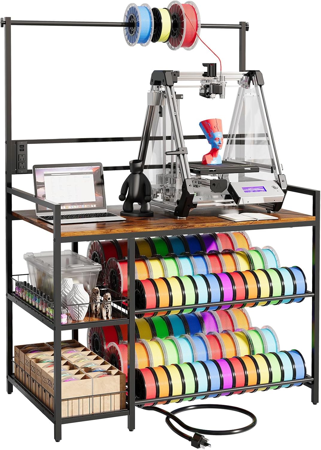 HavenlyYouth 3D Printer Stand with Filament Storage, 41' x 23.6' x 57.4' Large 3D Printer Table with 1 Charging Station, Heavy Duty Printer Shelf with Spools Holder Racks and Storage Baskets