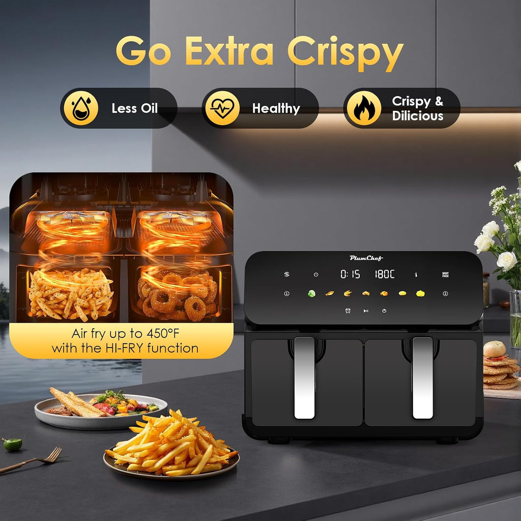 10QT Large Dual Zone Air Fryer, Double Basket Air Fryer with 2×5QT Baskets, Digital Full Touchscreen Easy-Panel, SyncCook Function, Cook 2 Dishes at Once for 4-6 Family,1700W, Black