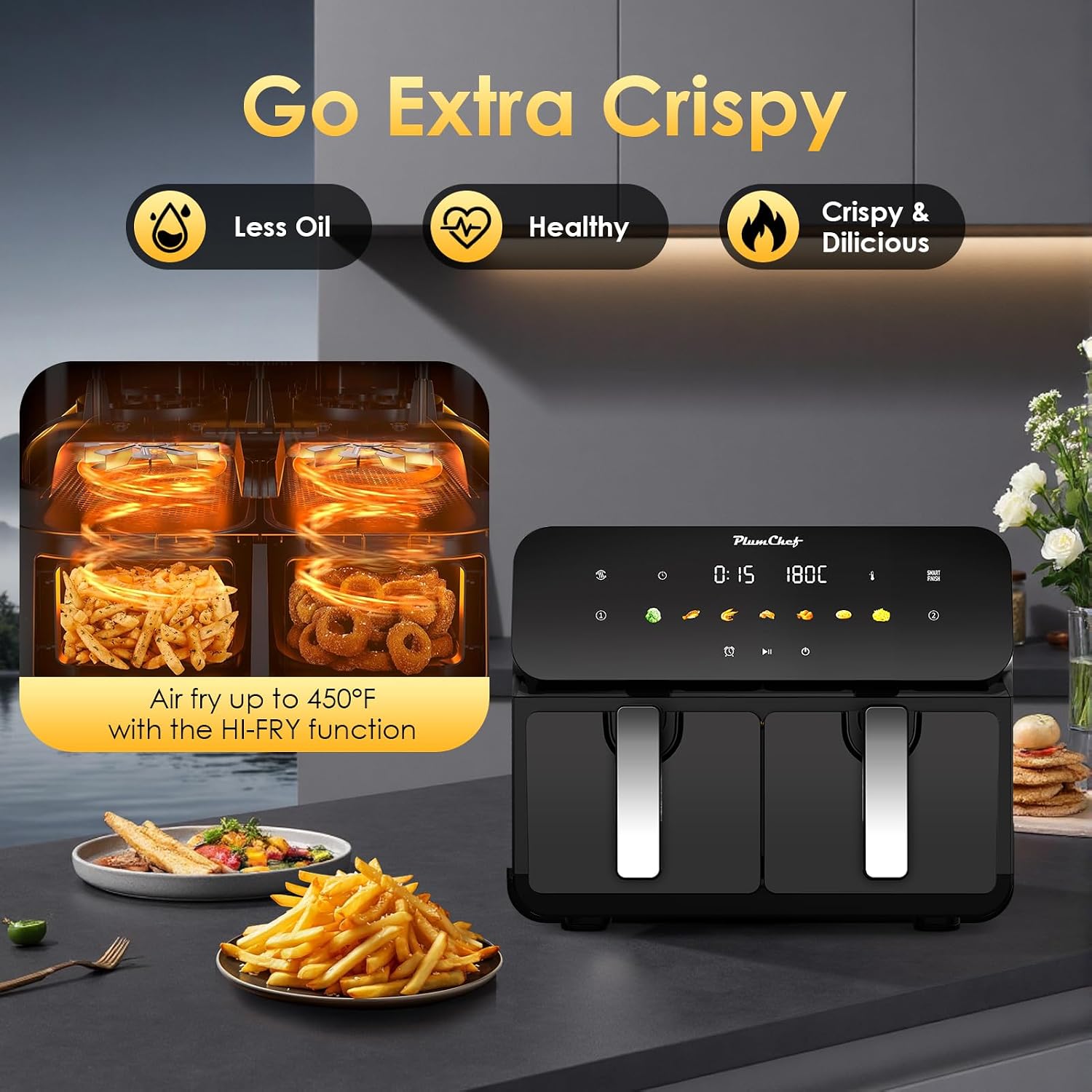 10QT Large Dual Zone Air Fryer, Double Basket Air Fryer with 2×5QT Baskets, Digital Full Touchscreen Easy-Panel, SyncCook Function, Cook 2 Dishes at Once for 4-6 Family,1700W, Black