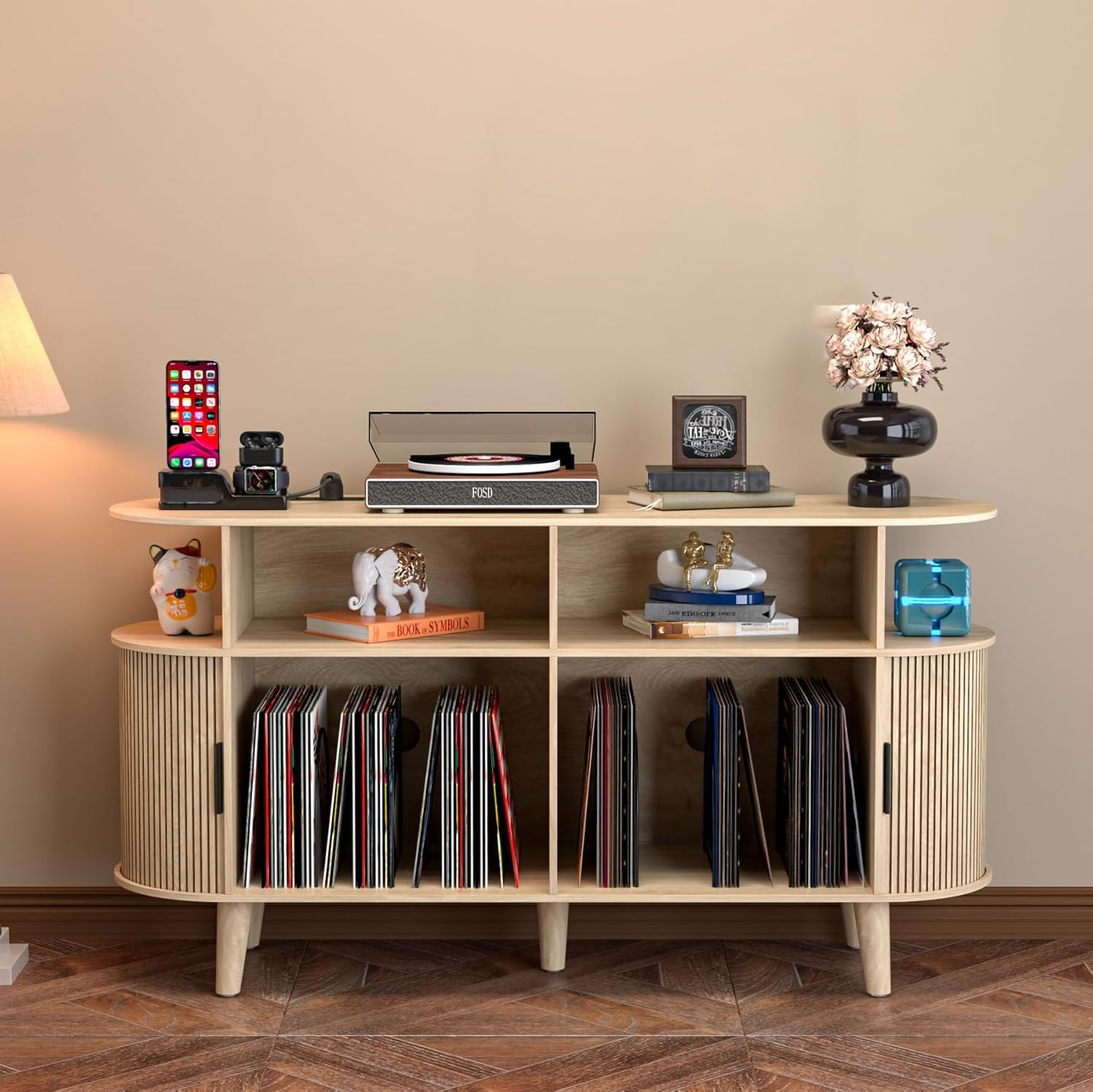 LUVIOHOME Large Round Record Player Stand with Charging Station & USB Ports，Record Storage Cabinet, Mid Century Modern Turntable Stand for Bedroom Living Room (Oak)