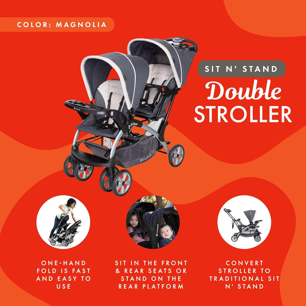 Baby Trend Sit N' Stand Convertible Multi-Use Easy Fold Travel Toddler & Baby Tandem Double Stroller with Safety Harness and Storage Basket, Magnolia
