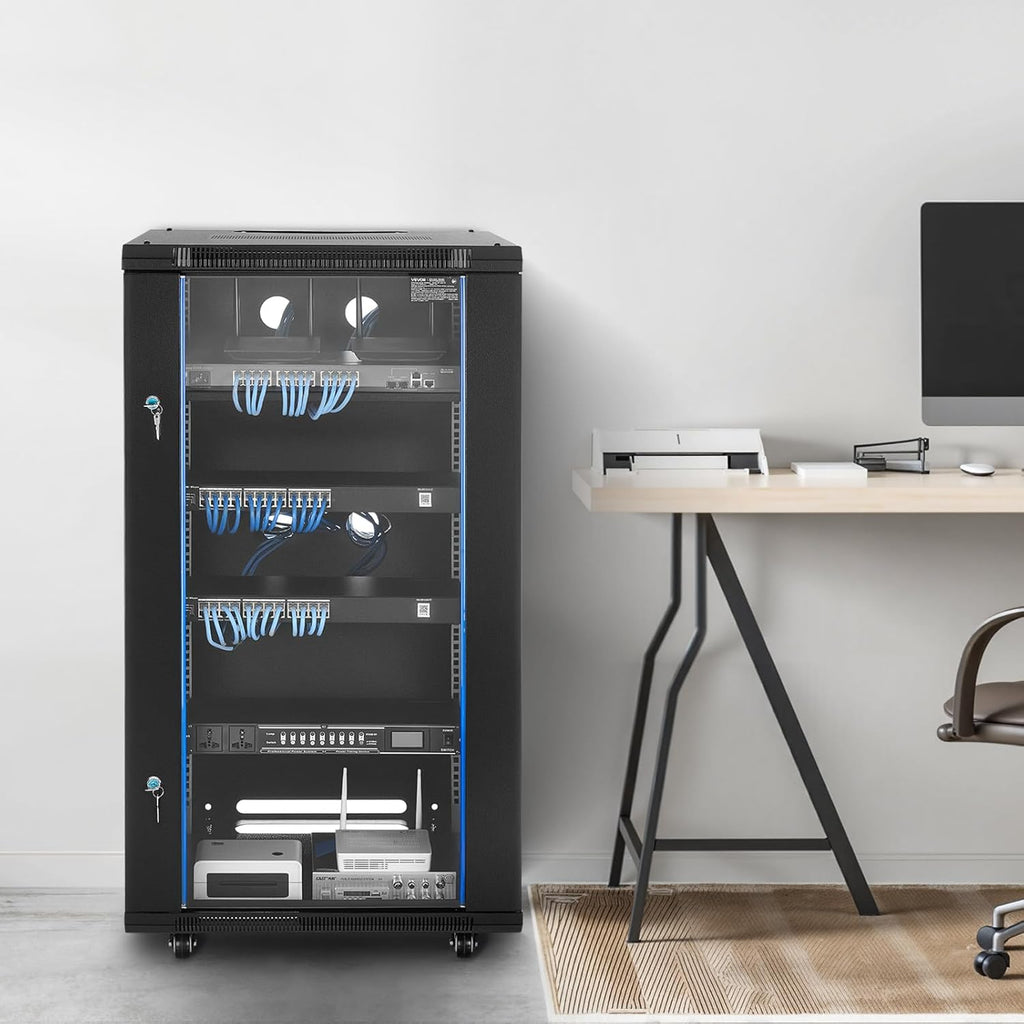 VEVOR 22U Server Rack Cabinet, Network Cabinet Wall Mount, 23.6 in Depth, Network Rack Enclosure with Locking Tempered Glass Door, 4 Casters, Side Panels, for 19'' IT Equipment, A/V Devices