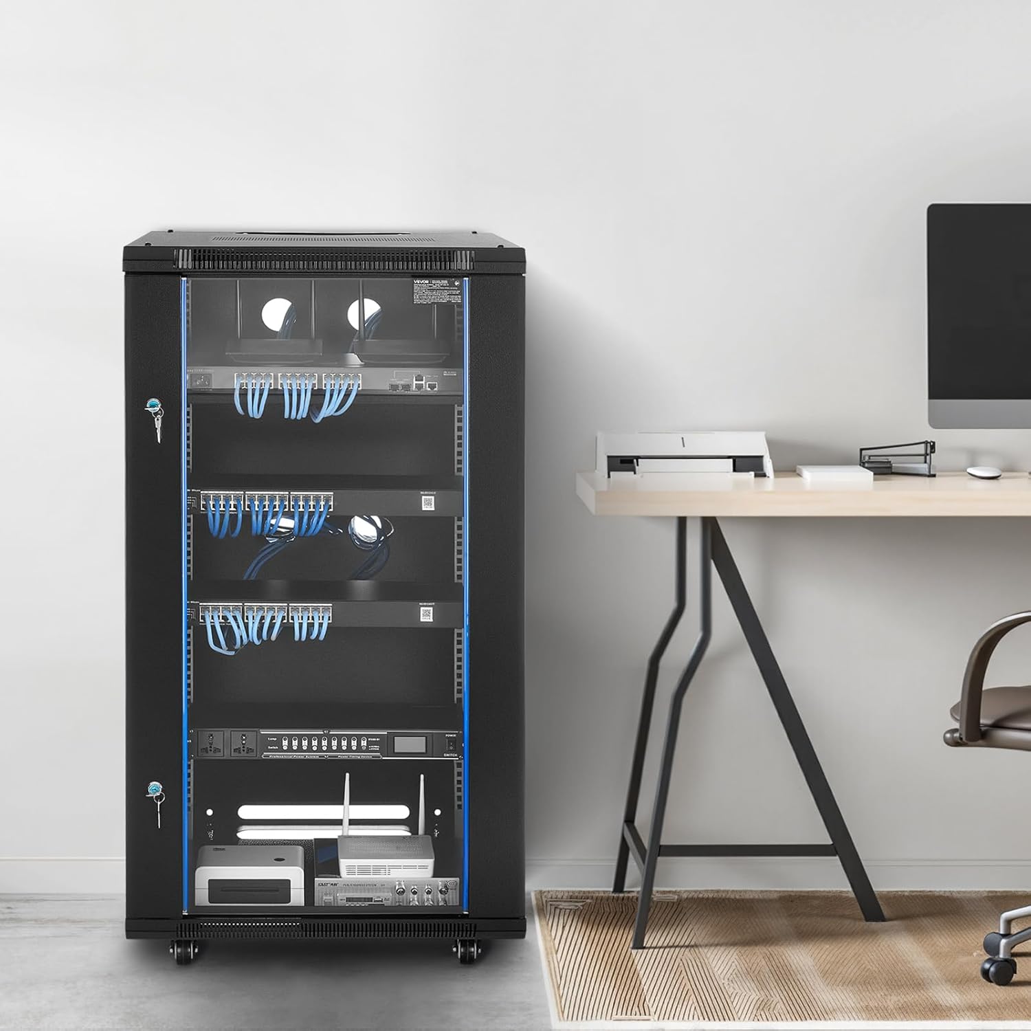 VEVOR 22U Server Rack Cabinet, Network Cabinet Wall Mount, 23.6 in Depth, Network Rack Enclosure with Locking Tempered Glass Door, 4 Casters, Side Panels, for 19'' IT Equipment, A/V Devices