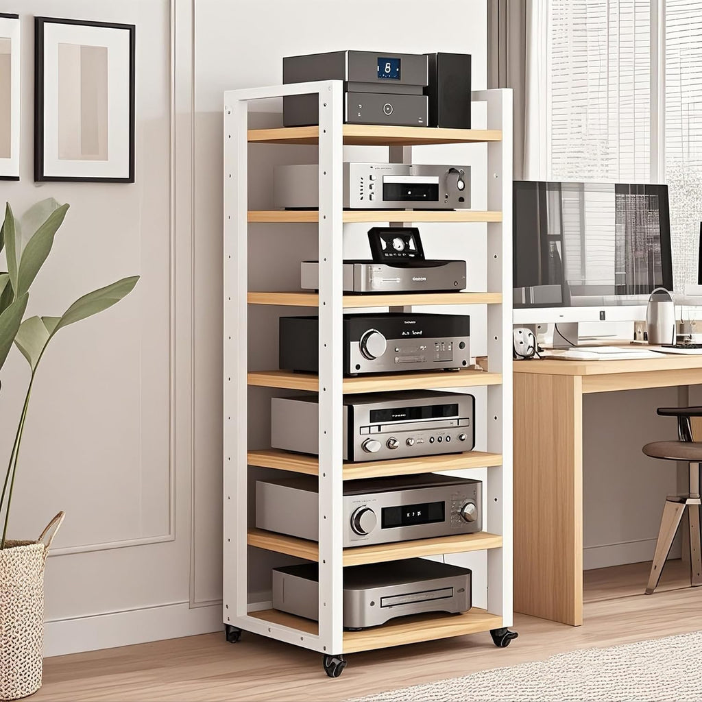 7-tier Av Media Stand, Audio Rack With Adjustable Shelves, Stereo Racks And Stands With Wheels, Stereo Rack For Home, Office, Theater(C)