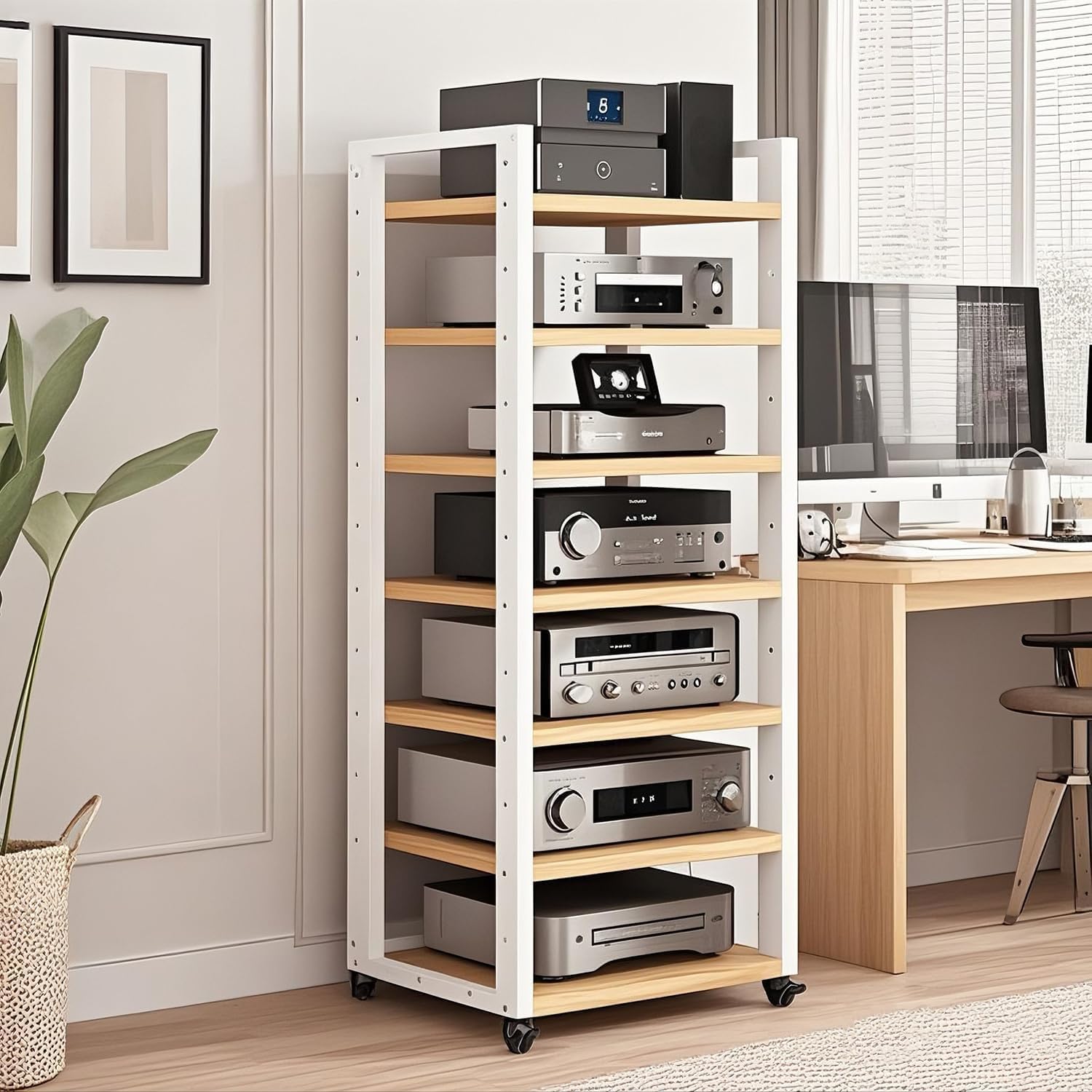 7-tier Av Media Stand, Audio Rack With Adjustable Shelves, Stereo Racks And Stands With Wheels, Stereo Rack For Home, Office, Theater(C)