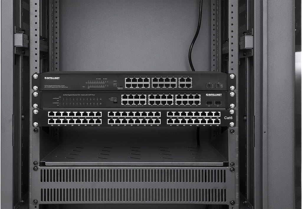 Intellinet 12U Network Server Rack Enclosure Cabinet with Integrated Fans – IP20 Rated, Reversible Tempered-Glass Front Door, Removable Side Panels – 3 Yr Mfg Warranty