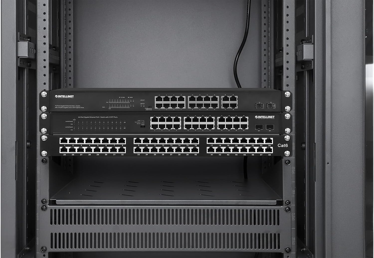 Intellinet 12U Network Server Rack Enclosure Cabinet with Integrated Fans – IP20 Rated, Reversible Tempered-Glass Front Door, Removable Side Panels – 3 Yr Mfg Warranty