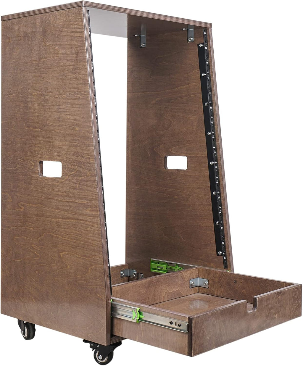 Sound Town 16U DIY Solid Baltic Birch Plywood Slanted Studio Rack with 16U Rack Space, Extra 2U Drawer, Rubber Feet, Casters, Weathered Brown (SDRK-16TBD2)