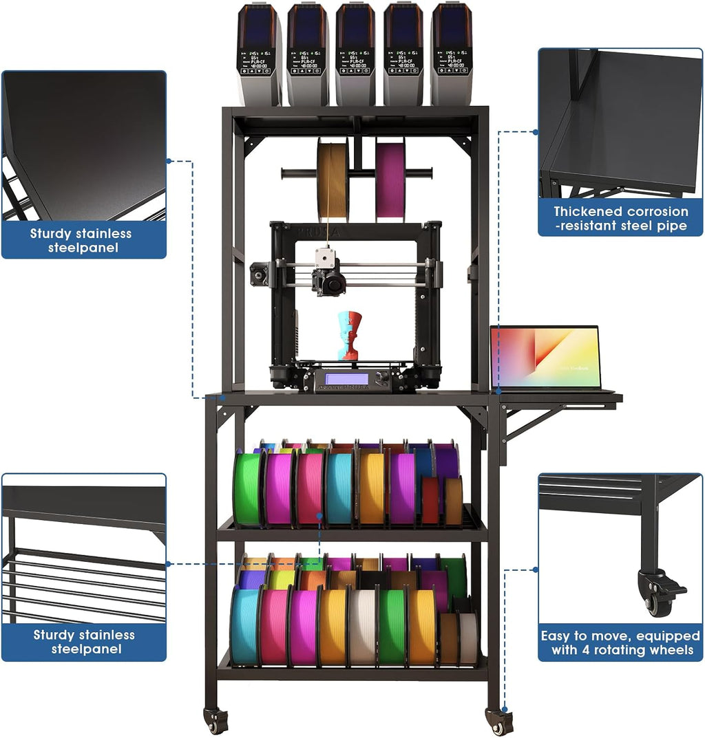 3D Printer Stand, Heavy Duty 3D Printer Table Stand with Filament Storage Rack, T-Shaped Spools Holder Rack with Wheels,3D Printer Workbench for 3D Printing Studio, Home Office Workshop