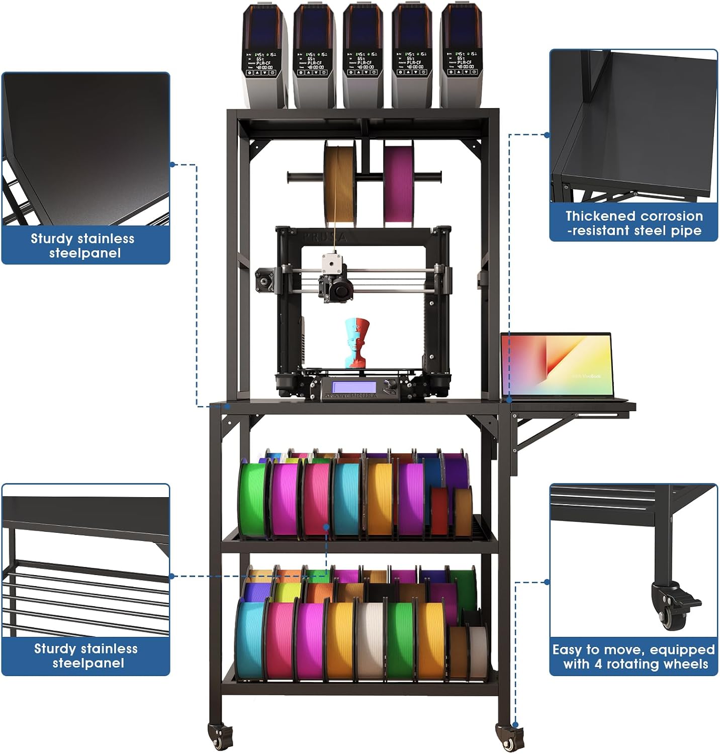 3D Printer Stand, Heavy Duty 3D Printer Table Stand with Filament Storage Rack, T-Shaped Spools Holder Rack with Wheels,3D Printer Workbench for 3D Printing Studio, Home Office Workshop
