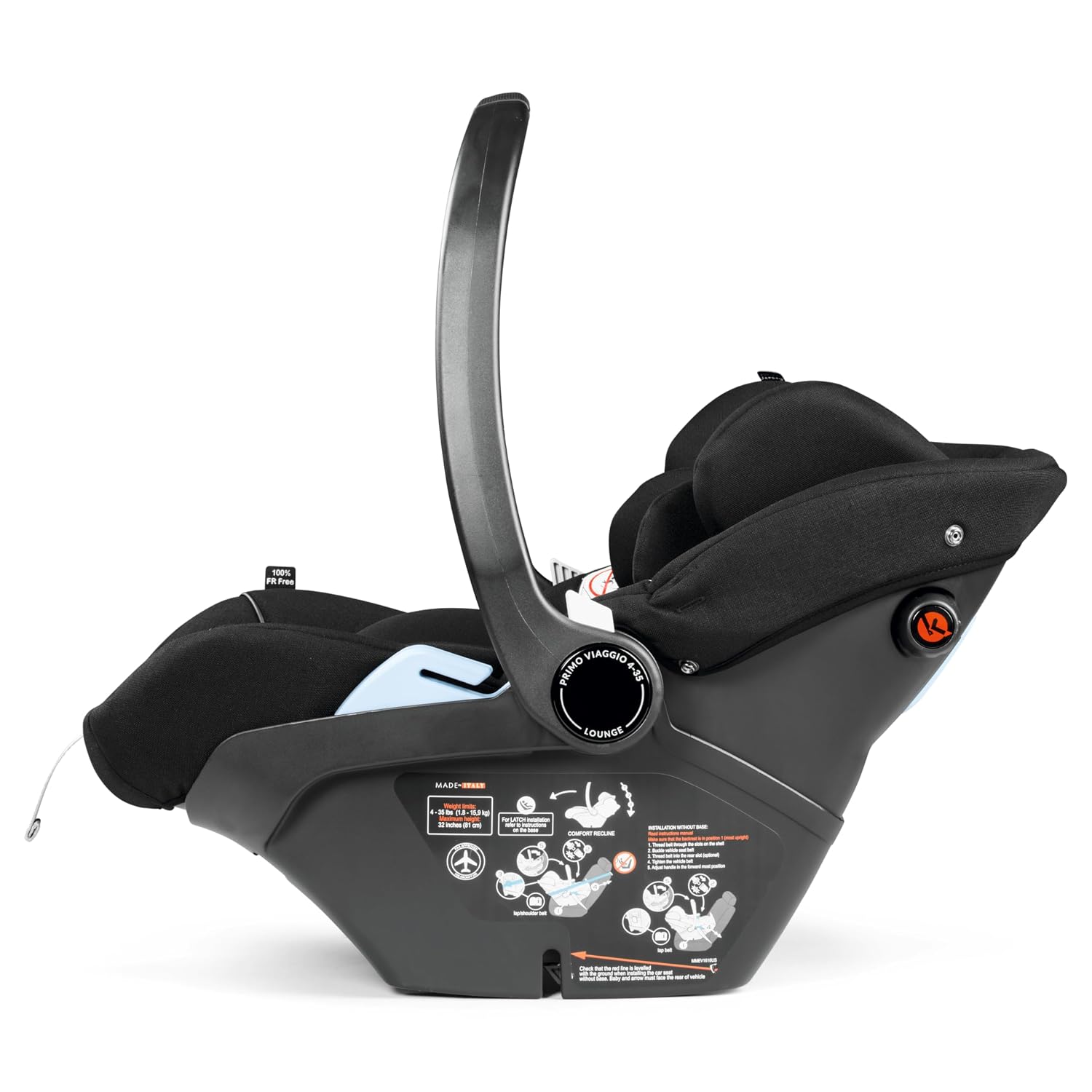 Peg Perego Primo Viaggio 4-35 Lounge - Reclining Rear Facing Infant Car Seat - Includes Base with Load Leg & Anti-Rebound Bar - for Babies 4 to 35 lbs - Made in Italy - True Black (Black)
