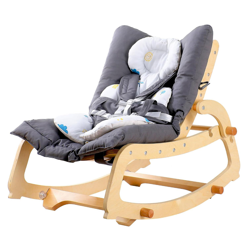 MallBest 3-in-1 Baby Rocker Chair with Double Cushions, for 0-12 Months, Adjustable Wooden Infant Rocker with Removable Cushion and 5-Point Harness for Infant to Toddler（Grey）