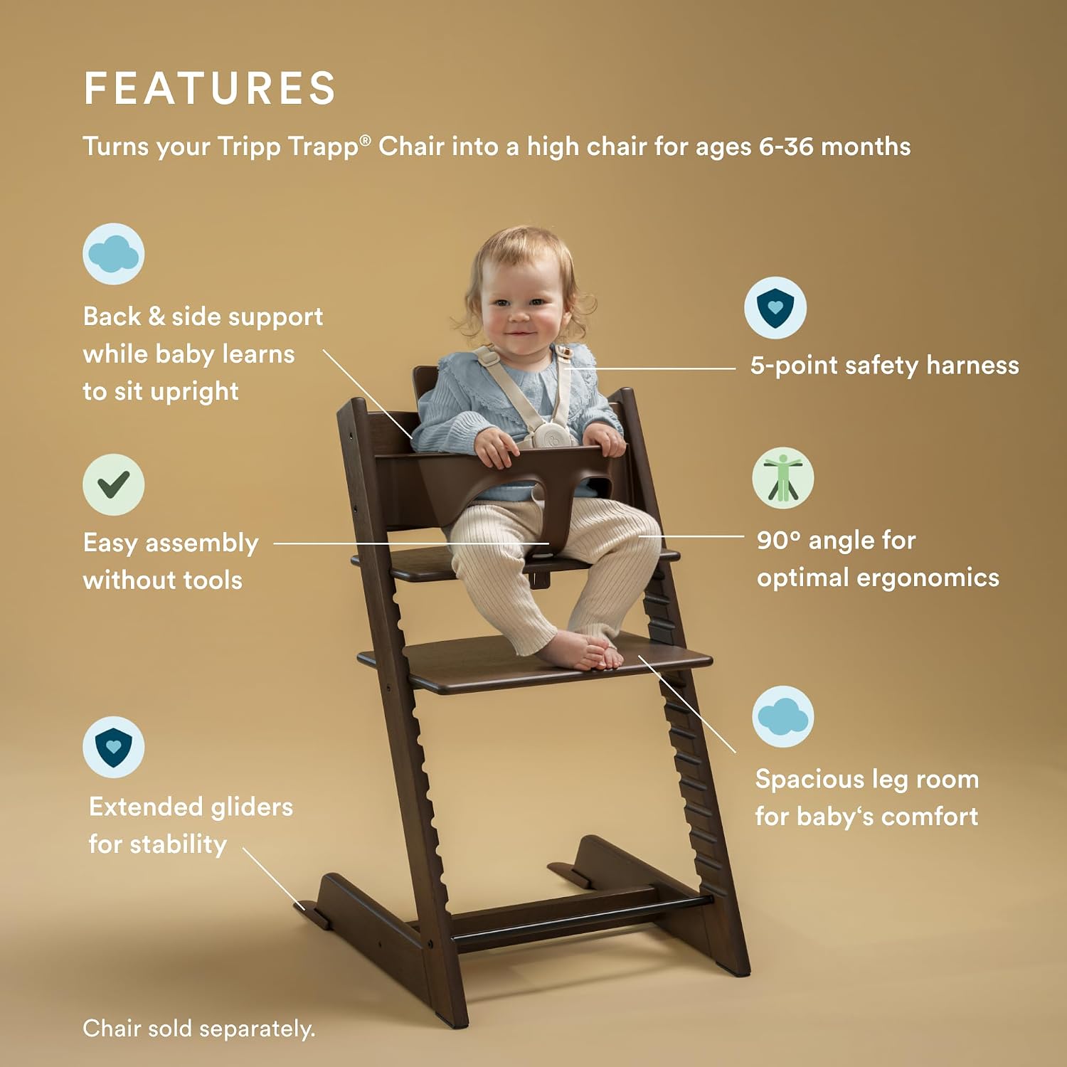 Stokke Tripp Trapp Baby Set 2, Warm Brown - Ages 6-36 Months - Convert The Tripp Trapp Chair into a Comfortable High Chair - Includes Stokke Harness 2