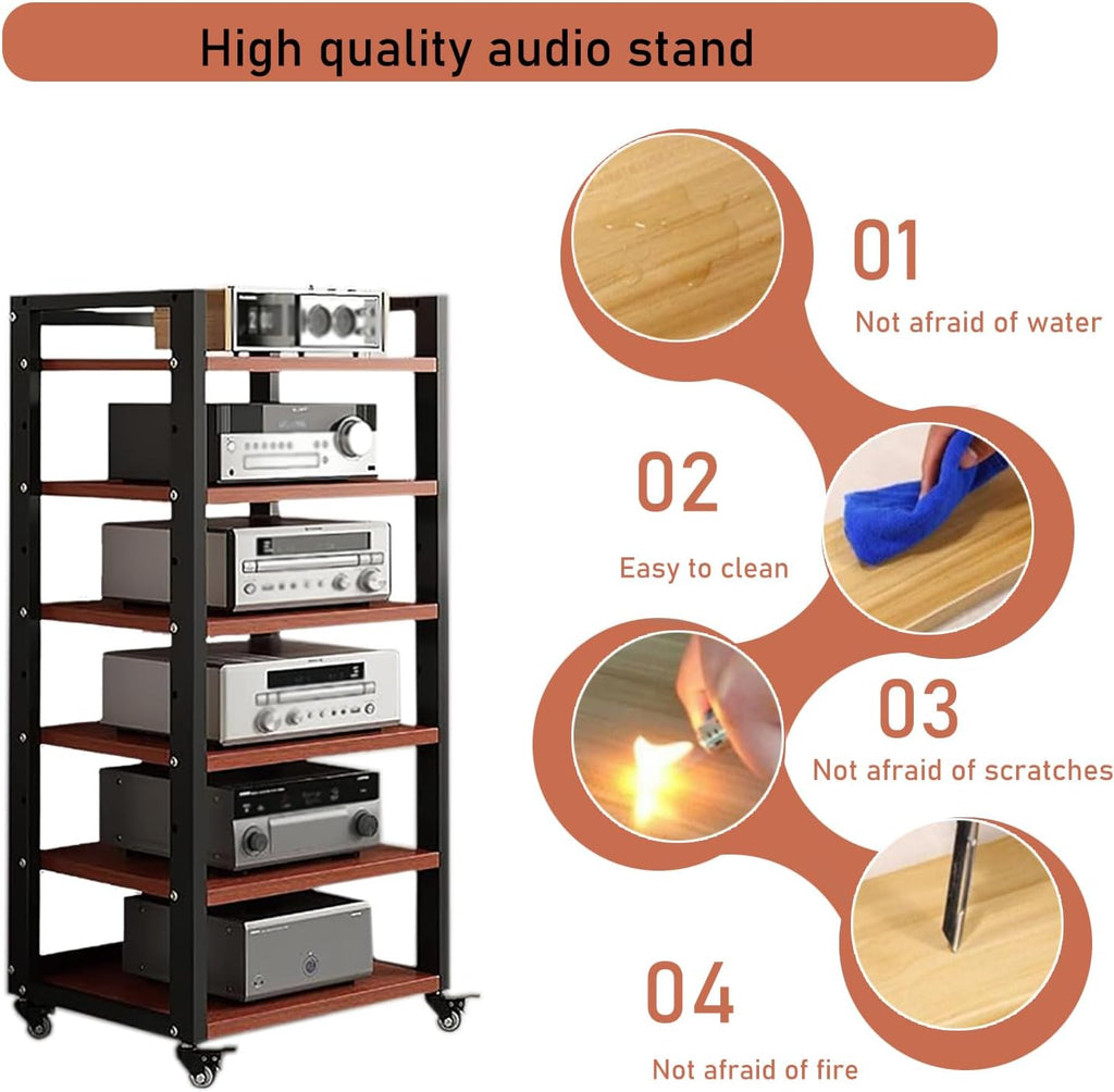 6 Tier Audio Rack Tower, CD Record Player Stereo Receiver AV Equipment Cabinet Display Rack, Weight Capacity 661 lbs, with Adjustable Wooden Shelves for Home (6 Tier Teakwood)
