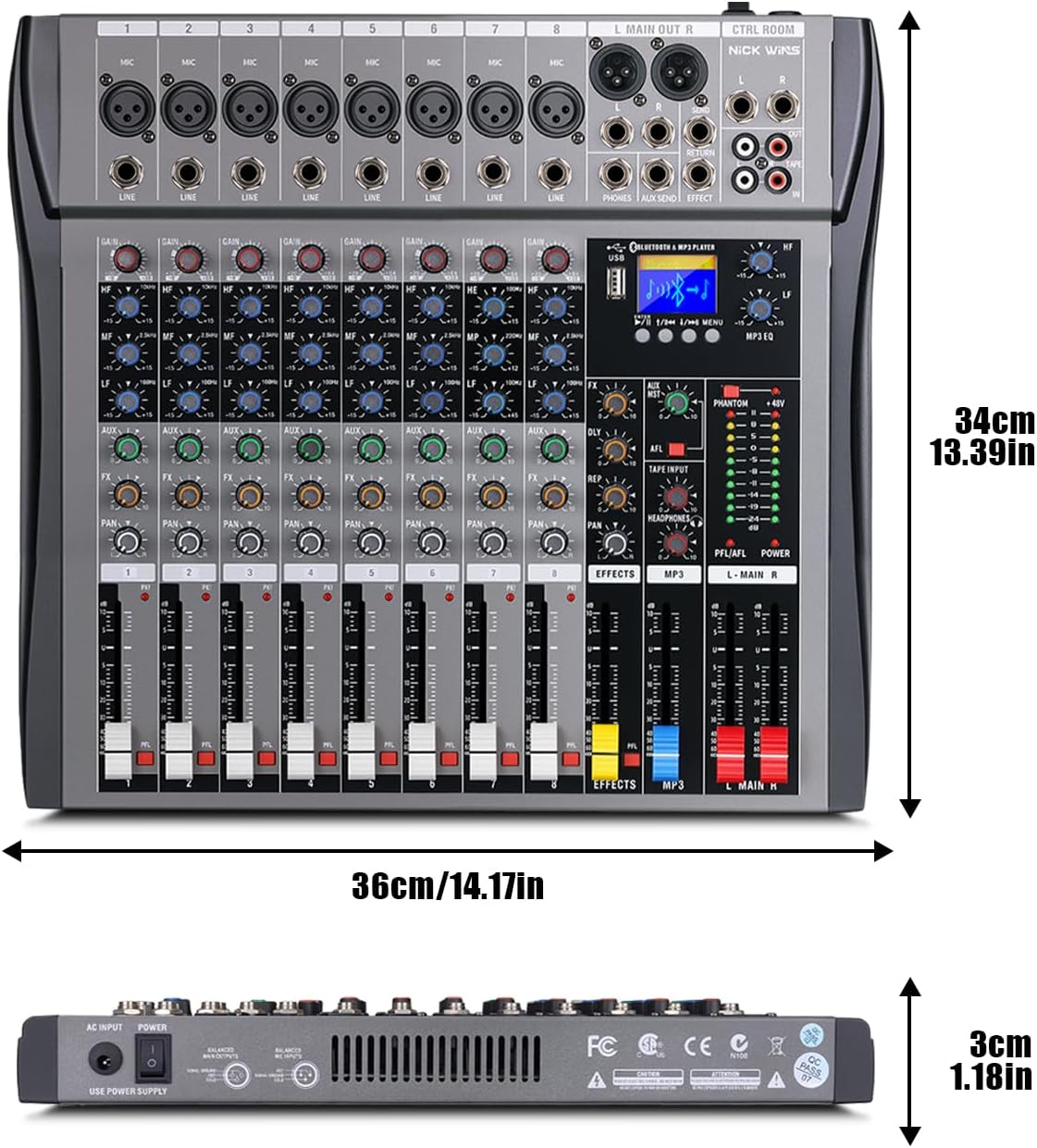 8 Channel mixer professional Audio Mixer, dj mixer with Individual Channel Control and USB Audio Recording & Editing via Computer, All-Metal mezcladora para dj (8 Channel)