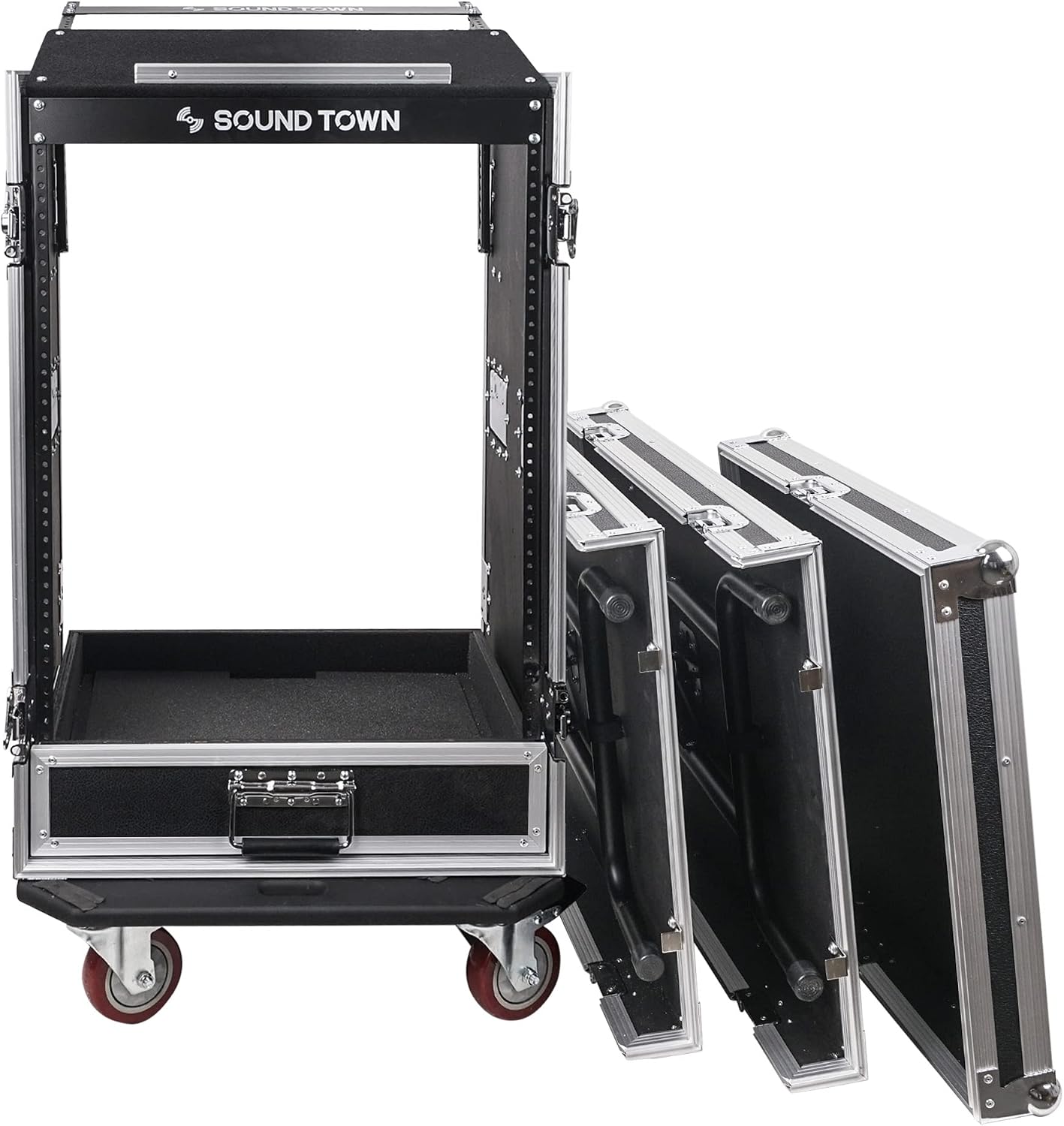 Sound Town 16U PA DJ Pro Audio Rack/Road ATA Case with 2U Drawer, 11U Slant Mixer Top, Two DJ Work Tables, Casters, Pro Tour Grade (MR-DR16UT2)