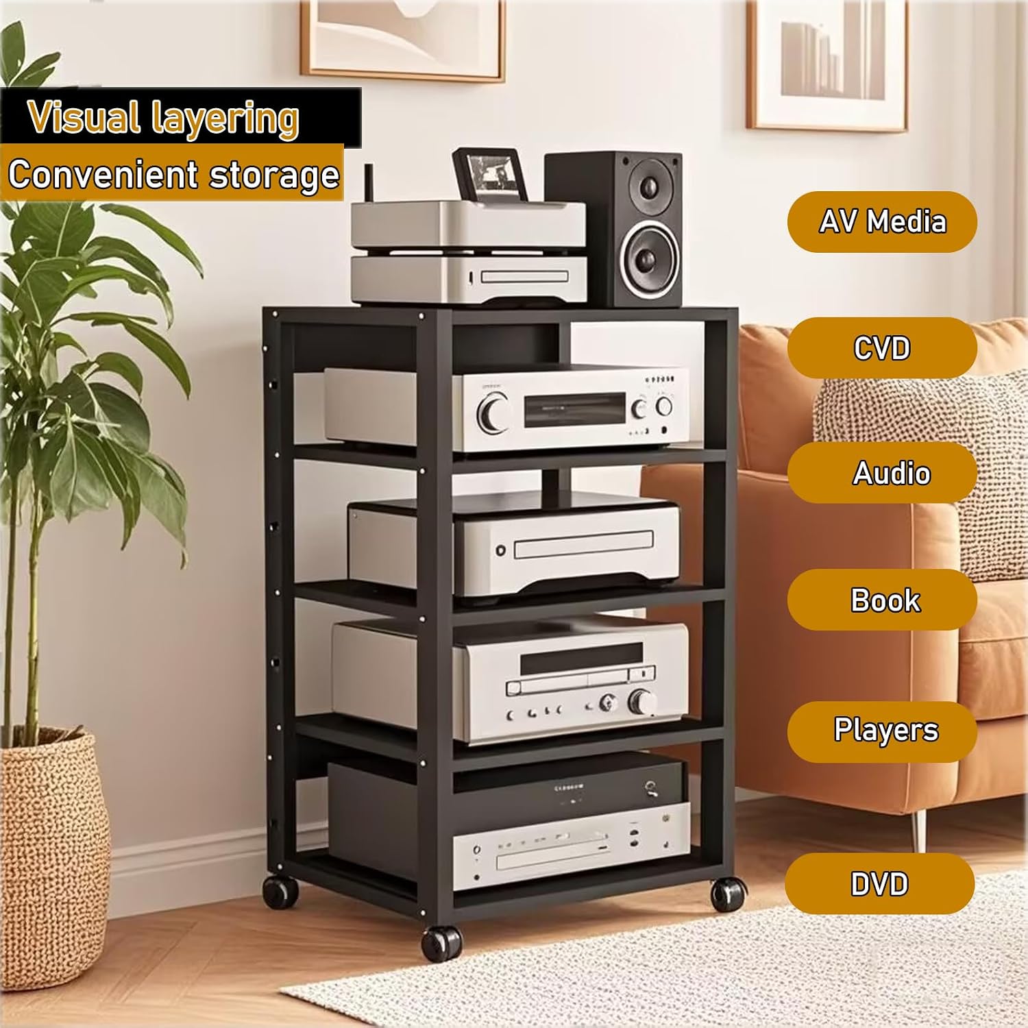 5 Tier Audio Rack Tower, CD Record Player Stereo Receiver AV Equipment Cabinet Display Rack, Weight Capacity 661 lbs, with Adjustable Wooden Shelves for Home (5 Tier Black)