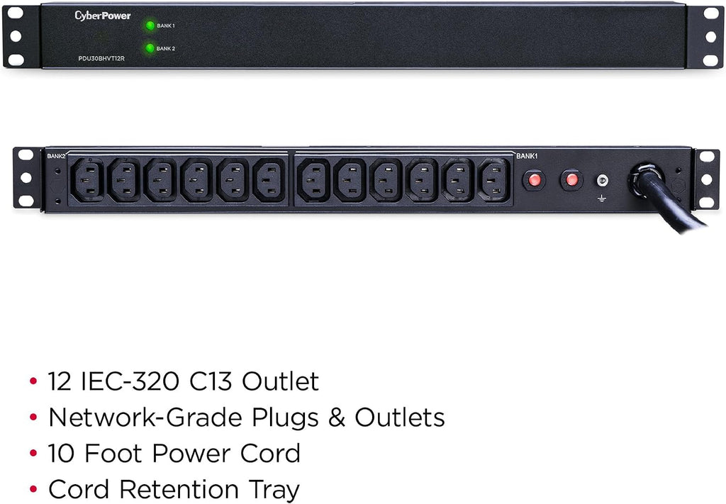CyberPower PDU30BHVT12R Basic PDU, 200 – 230V/30A (Derated to 24A), 12 Outlets, 10ft Power Cord, 1U Rackmount
