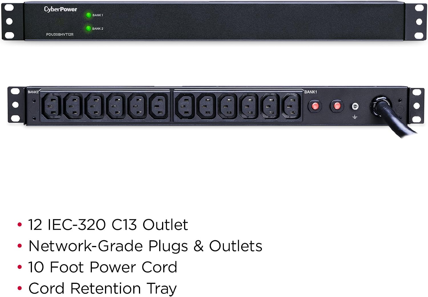 CyberPower PDU30BHVT12R Basic PDU, 200 – 230V/30A (Derated to 24A), 12 Outlets, 10ft Power Cord, 1U Rackmount