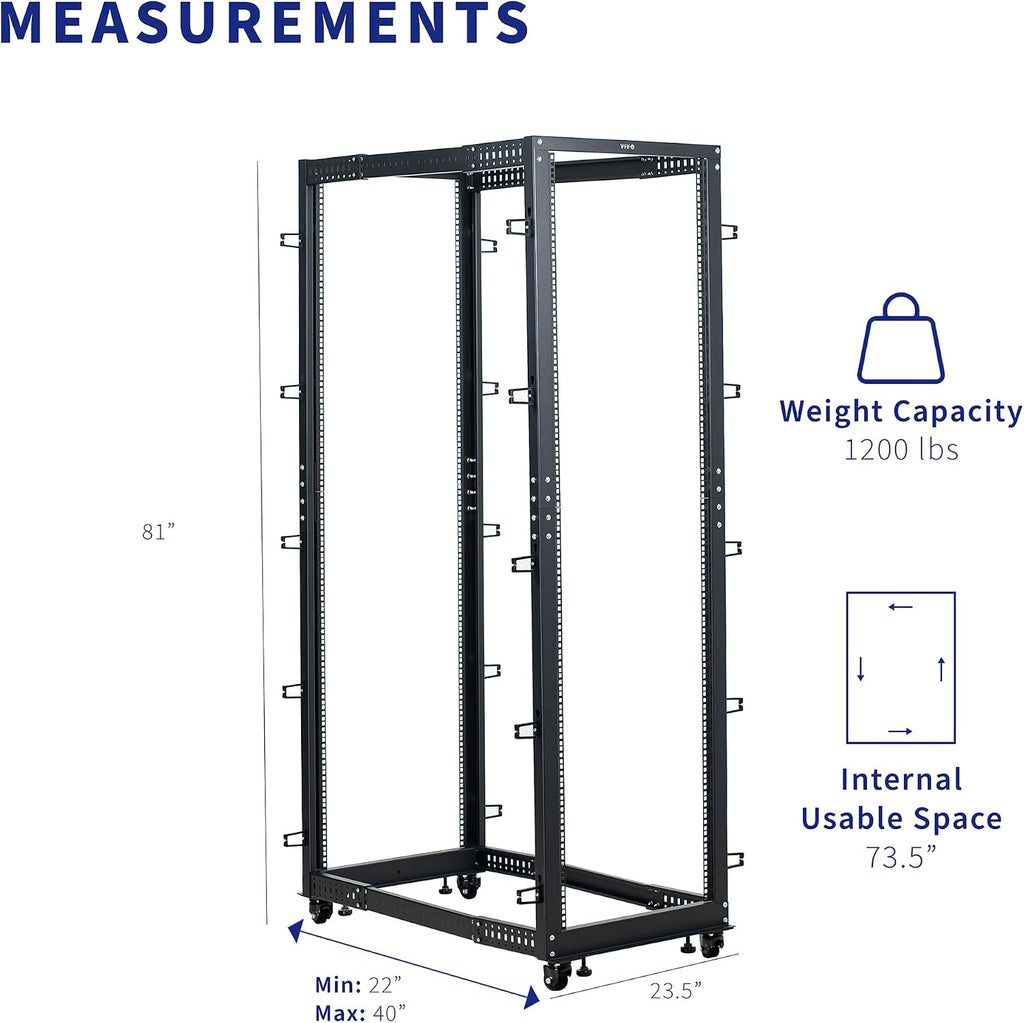 VIVO 42U Freestanding Server Rack, Mobile Open Frame 22 to 40 inch Adjustable Network Server Cart, Black, CART-SR42U
