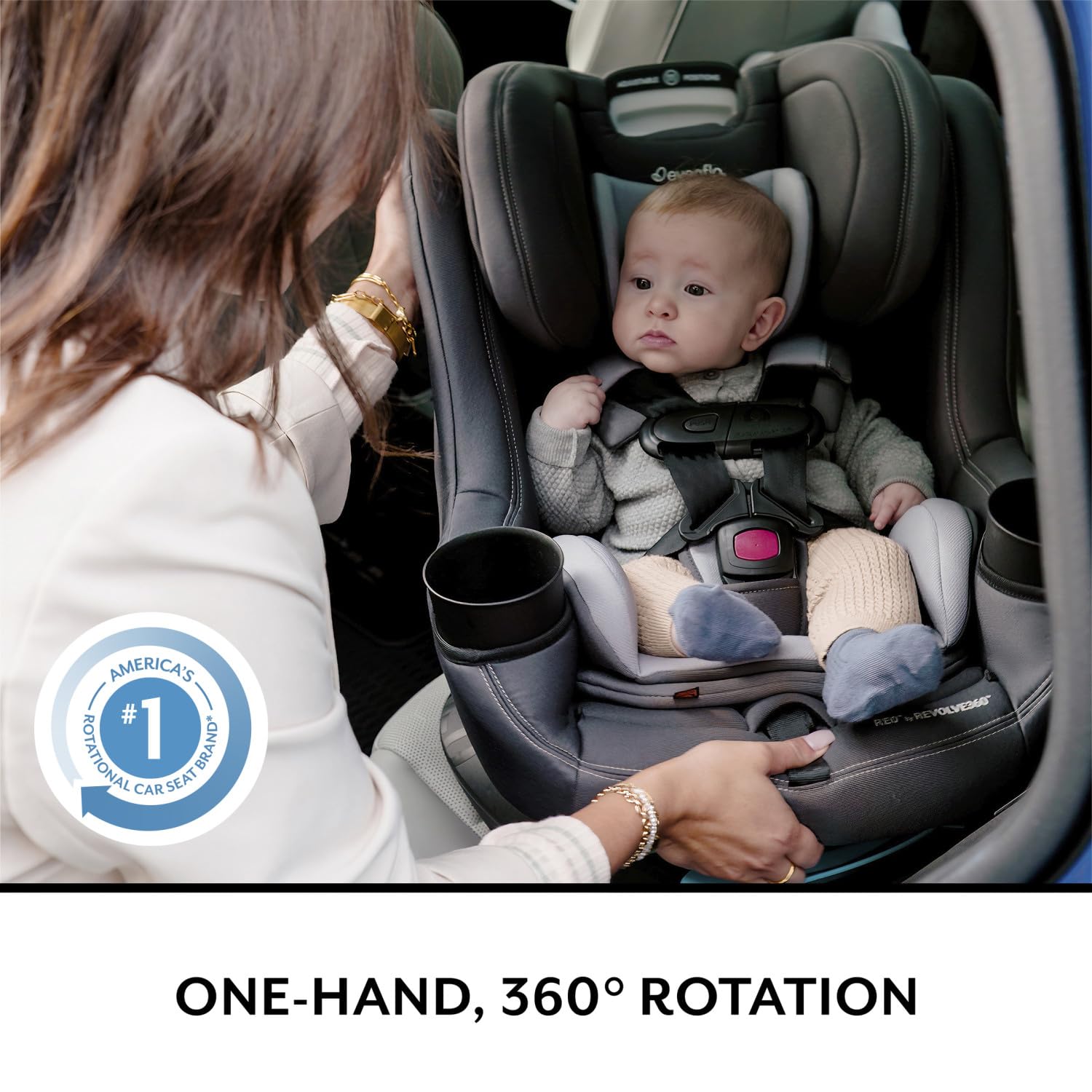 Evenflo REO by Revolve360 Rotating Convertible Car Seat with Quick Clean Cover, Infant to Toddler, Forward and Rear Facing, Compact Design, One-time Install (Chelsea)