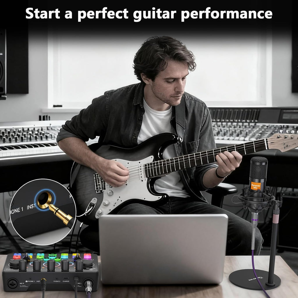 Podcast Equipment Bundle for 2, Audio Mixer with 8GB Memory Card and Dynamic Mics,RGB,Built-in Recorder, Customize Button, Stereo for Vocal Recording Podcasting,Streaming Camera, PC, Phone.(RS2i2)