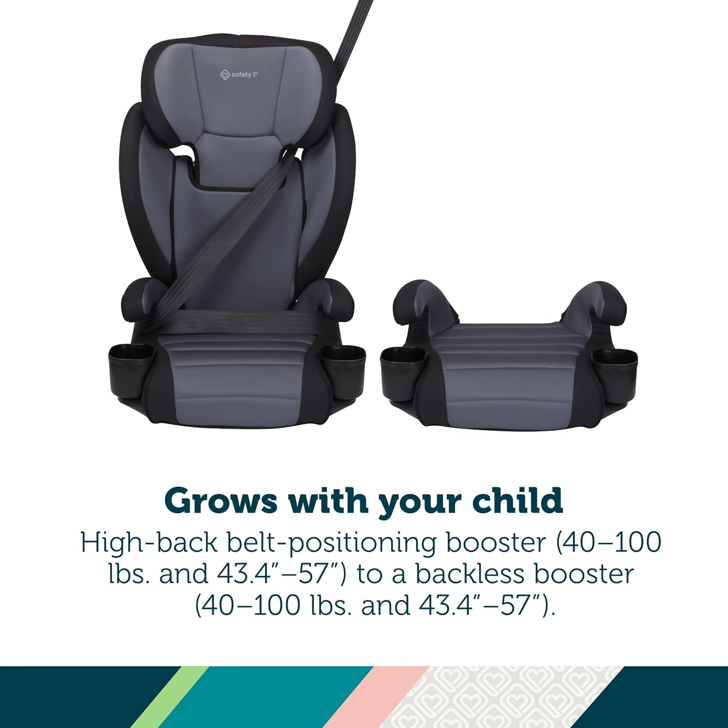 Safety 1st Grow and Go 2-in-1 Booster Car Seat with ComfortWings, Converts High-Back to Backless, 19' Wide, Fits 3 Across, Lightweight, Foldable, Easy-Clean, Cup Holders, 40-100 lbs, Sea Serpent