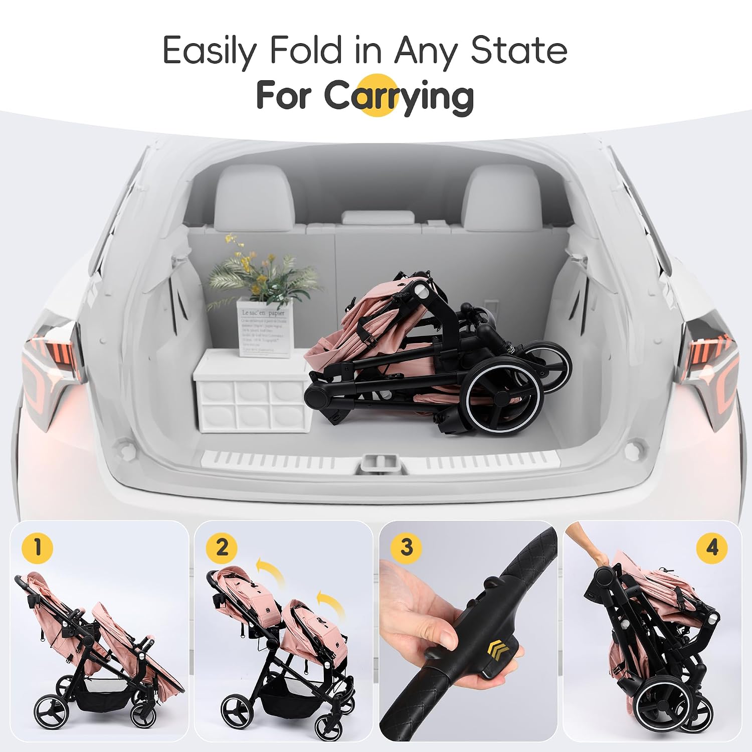 MU Double Stroller, Foldable Twin Tandem Stroller with Adjustable Backrest, Reversible Seat, 5-Point Harness, Storage Basket, Convertible Baby Bassinet for Infant and Toddler, Pink