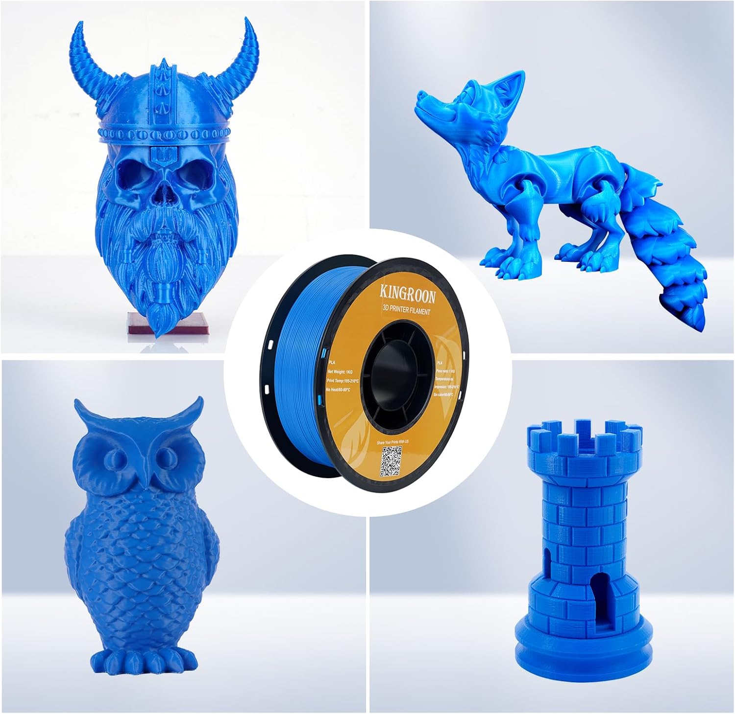 Kingroon PLA 3D Printer Filament, 10 Rolls, Dimensional Accuracy +/- 0.02 mm, 10kg Spool(22lbs), 1.75 mm，2Black+2White+2Grey+2Red+2Blue