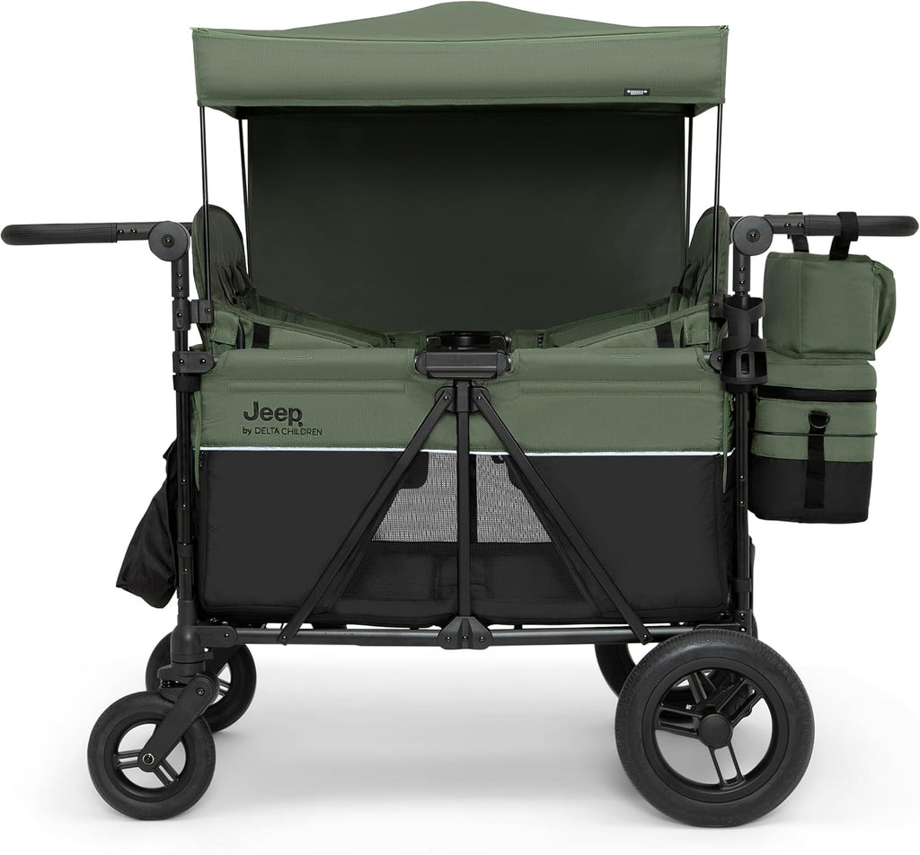 Delta Children - Jeep Wrangler Deluxe 4 Seater Stroller Wagon - Premium Quad Stroller Wagon for 4 Kids with Convertible Seats, Adjustable Push/Pull Handles, Removable Canopy & Flat Fold, Black/Green