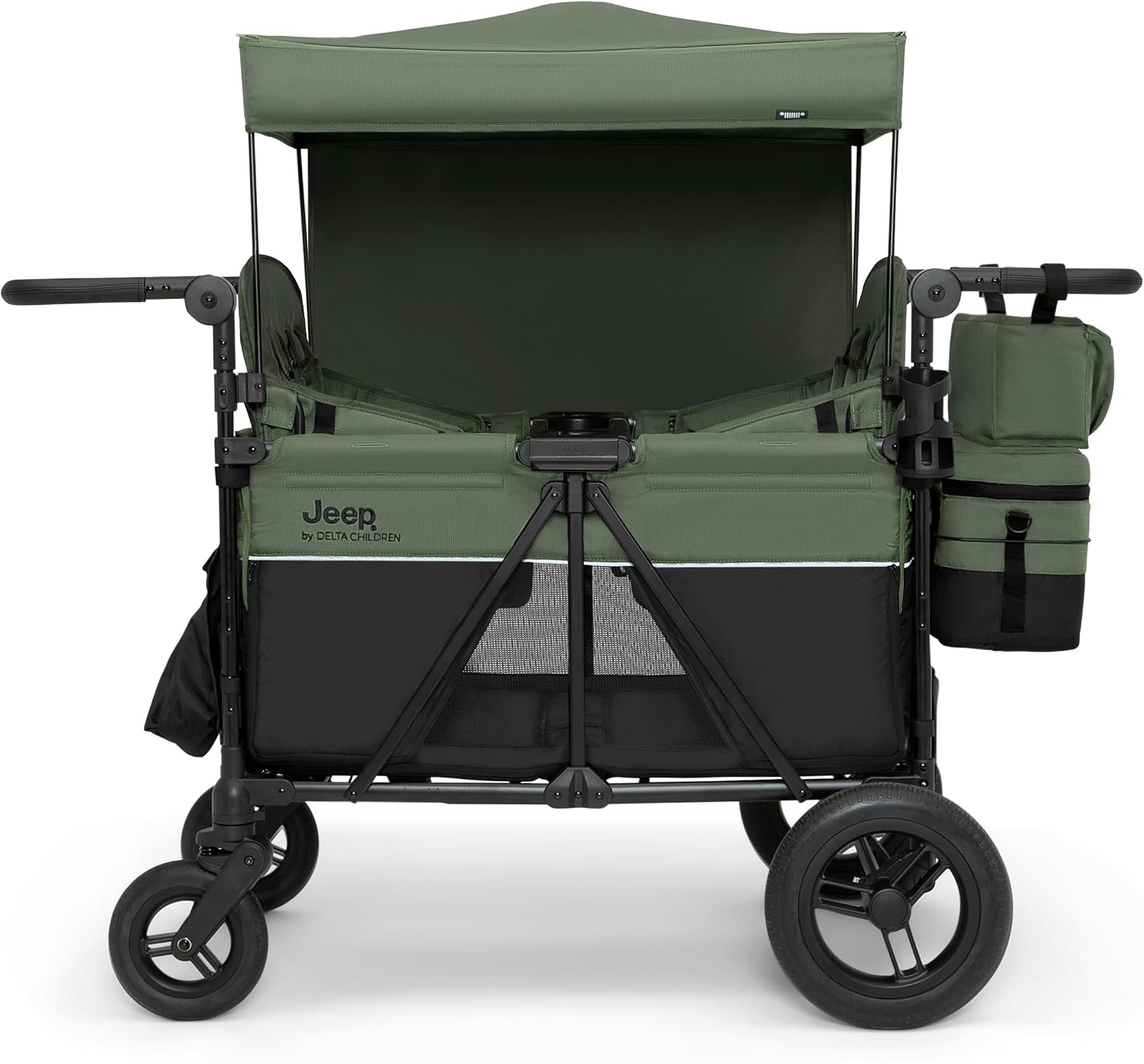 Delta Children - Jeep Wrangler Deluxe 4 Seater Stroller Wagon - Premium Quad Stroller Wagon for 4 Kids with Convertible Seats, Adjustable Push/Pull Handles, Removable Canopy & Flat Fold, Black/Green