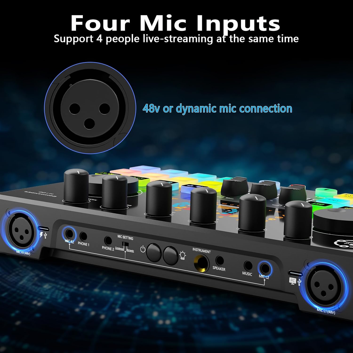 Podcast Equipment Bundle for 2, Audio Mixer with XLR Dynamic Microphone, Voice Change,RGB for Vocal Recording Podcasting,Streaming Singing TikTok, PC, Smartphone COMMANDER M100 3rd