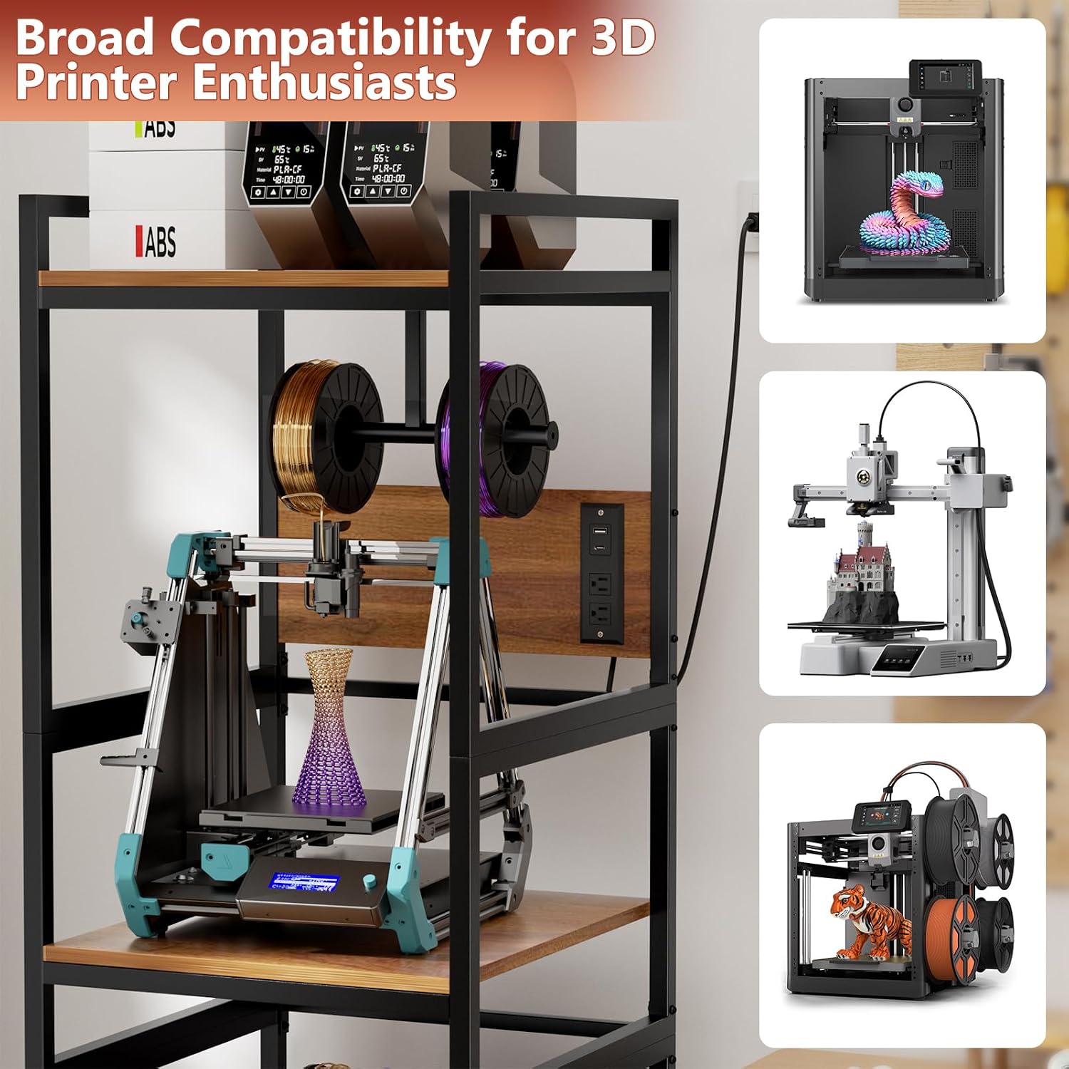 3D Printer Stand with Filament Storage, Heavy-Duty Metal Frame, T-Type Filament Holder, Built-in Power Panel, Open Frame Printer Workstation for Home & Workshop